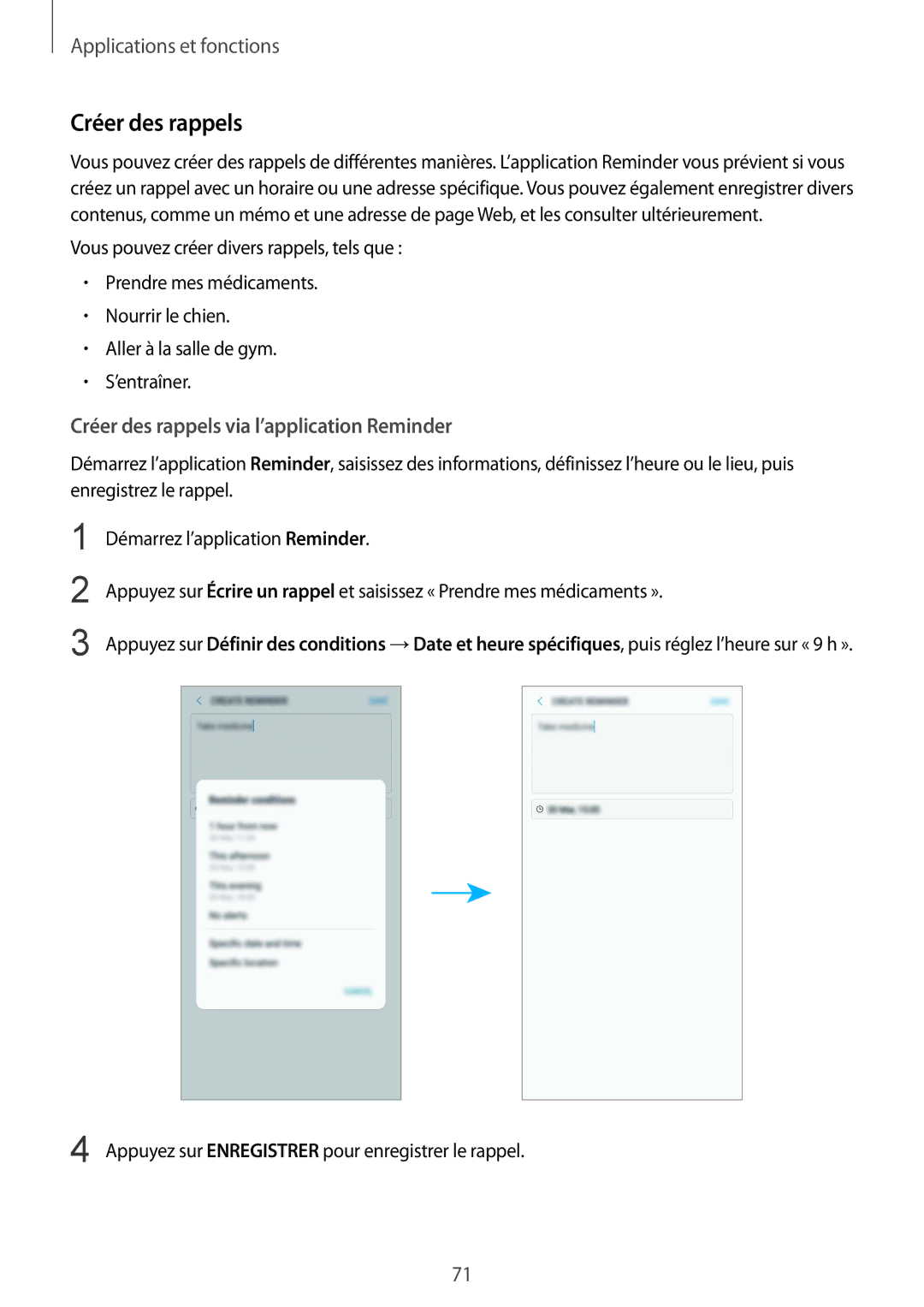 Samsung SM-G955FZIAXEF, SM-G955FZBAXEF, SM-G955FZVAXEF, SM-G950FZSAXEF manual Créer des rappels via l’application Reminder 
