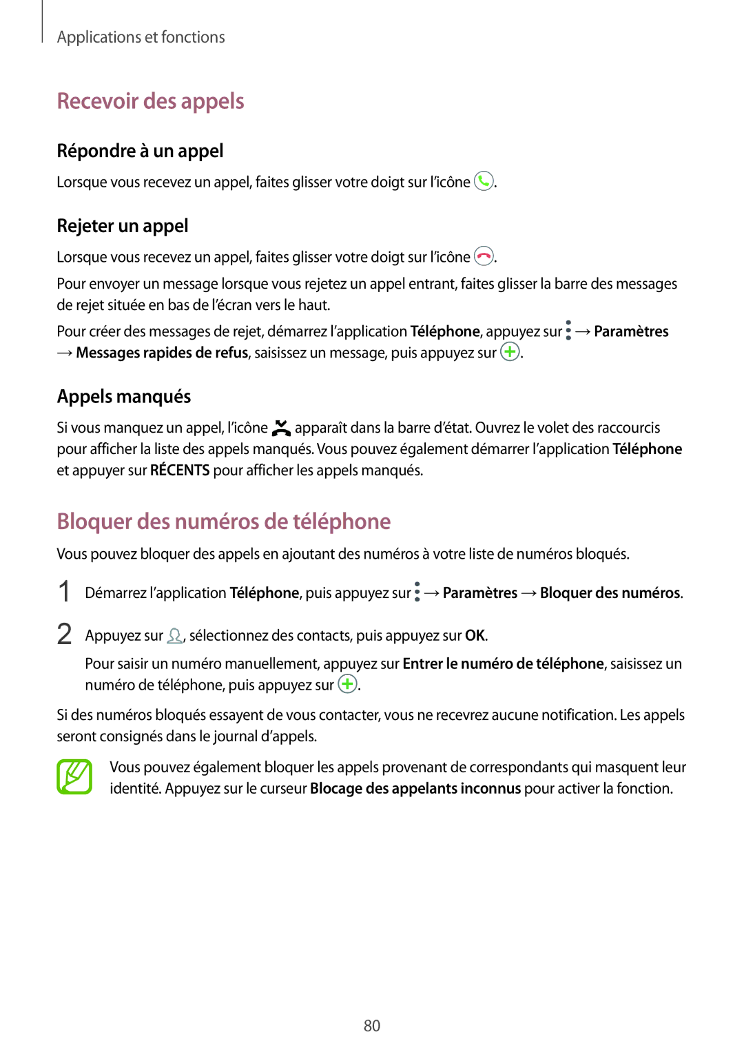 Samsung SM-G955FZSAXEF manual Recevoir des appels, Bloquer des numéros de téléphone, Répondre à un appel, Rejeter un appel 