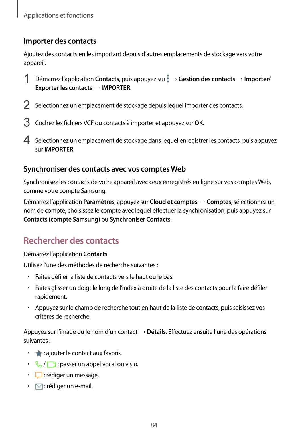 Samsung SM-G950FZVAXEF Rechercher des contacts, Importer des contacts, Synchroniser des contacts avec vos comptes Web 