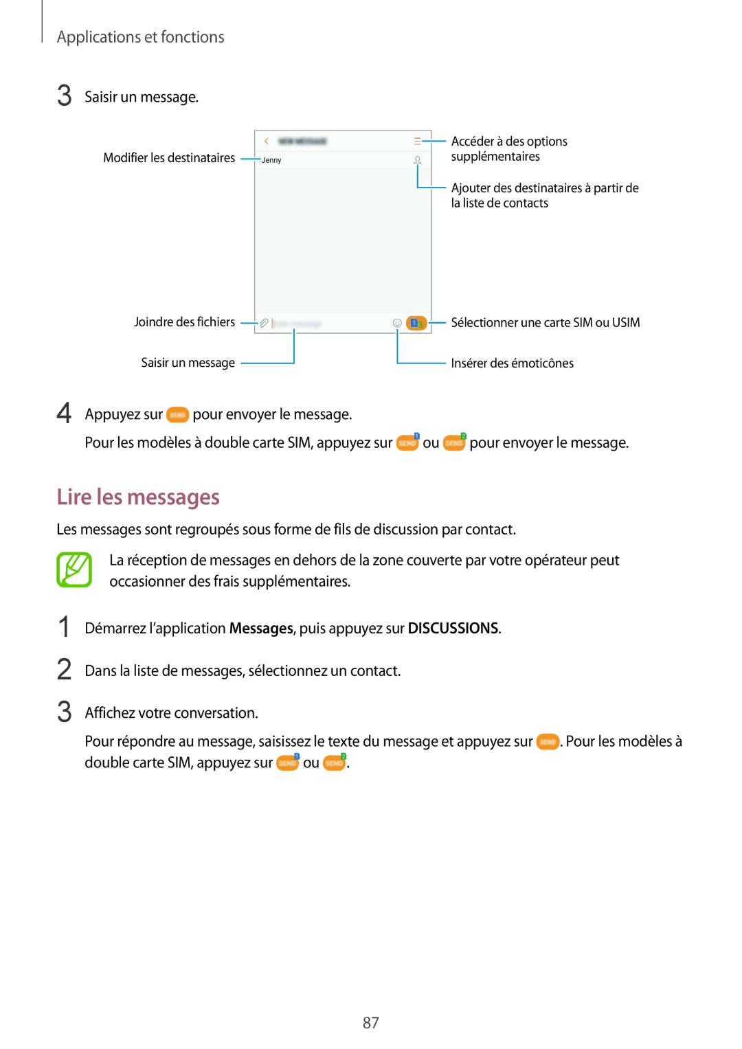 Samsung SM-G950FZBAXEF, SM-G955FZBAXEF, SM-G955FZVAXEF, SM-G950FZSAXEF, SM-G955FZSAXEF Lire les messages, Saisir un message 