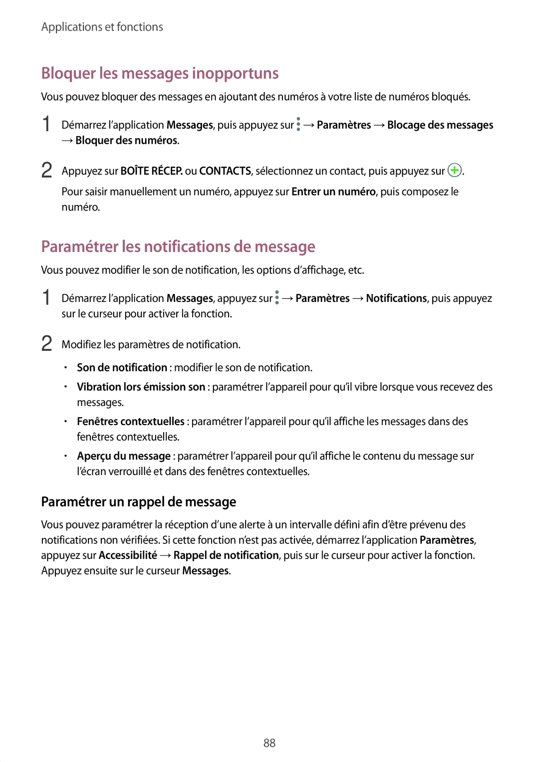 Samsung SM-G955FZBAXEF Bloquer les messages inopportuns, Paramétrer les notifications de message, → Bloquer des numéros 