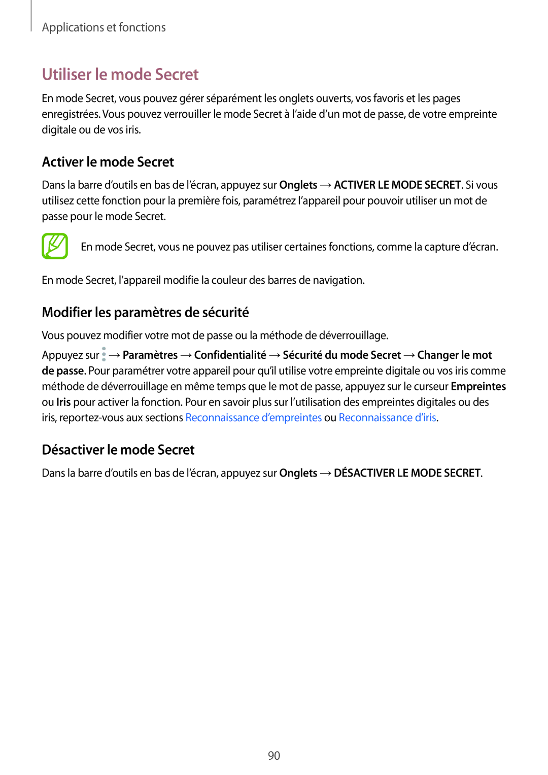Samsung SM-G950FZSAXEF manual Utiliser le mode Secret, Activer le mode Secret, Modifier les paramètres de sécurité 