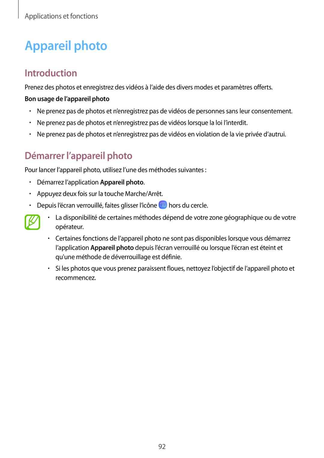 Samsung SM-G955FZKAXEF, SM-G955FZBAXEF manual Appareil photo, Démarrer l’appareil photo, Bon usage de l’appareil photo 