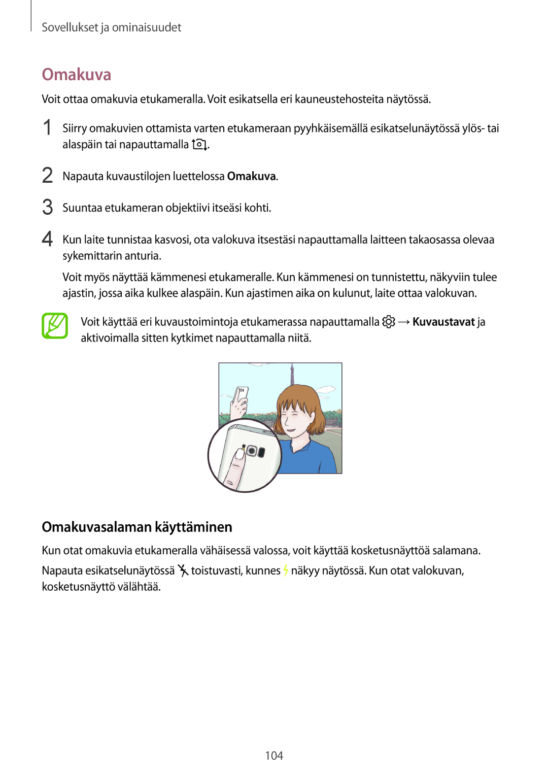 Samsung SM-G955FZIANEE, SM-G955FZKANEE, SM-G955FZSANEE, SM-G950FZVANEE, SM-G950FZIANEE manual Omakuvasalaman käyttäminen 