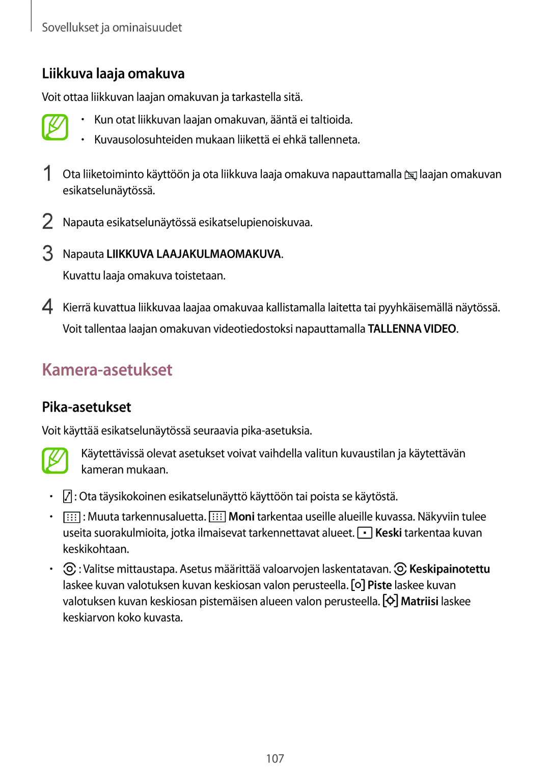 Samsung SM-G950FZVANEE manual Kamera-asetukset, Liikkuva laaja omakuva, Pika-asetukset, Napauta Liikkuva Laajakulmaomakuva 