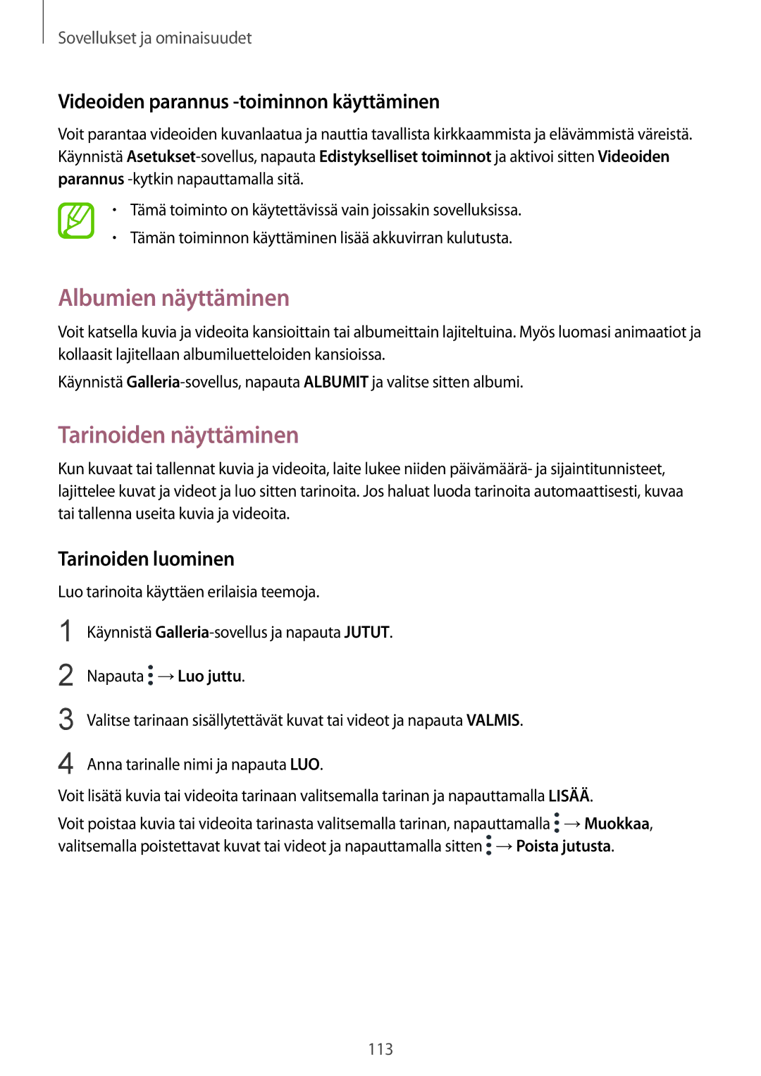 Samsung SM-G955FZKANEE manual Albumien näyttäminen, Tarinoiden näyttäminen, Videoiden parannus -toiminnon käyttäminen 