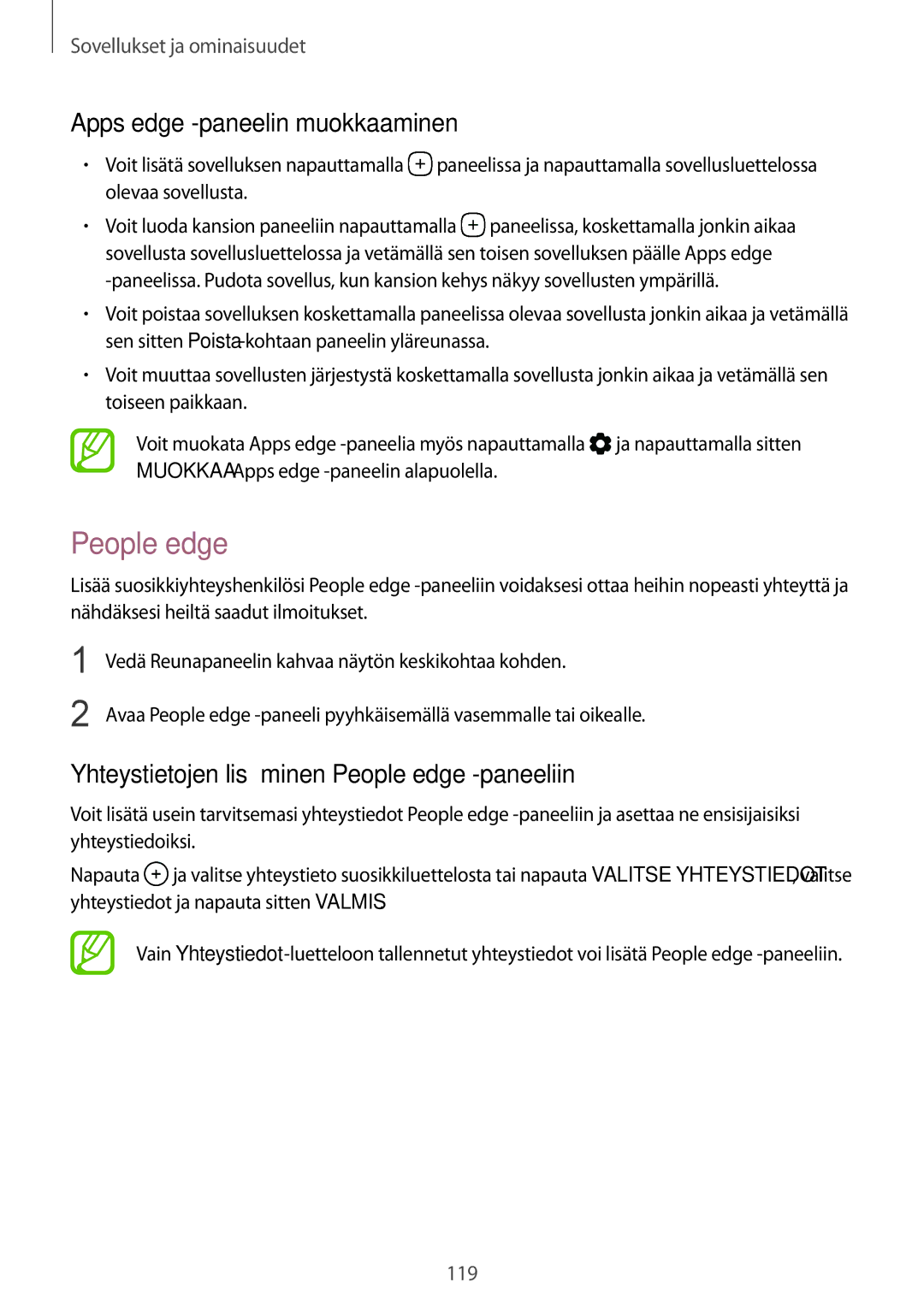 Samsung SM-G950FZSANEE manual Apps edge -paneelin muokkaaminen, Yhteystietojen lisääminen People edge -paneeliin 