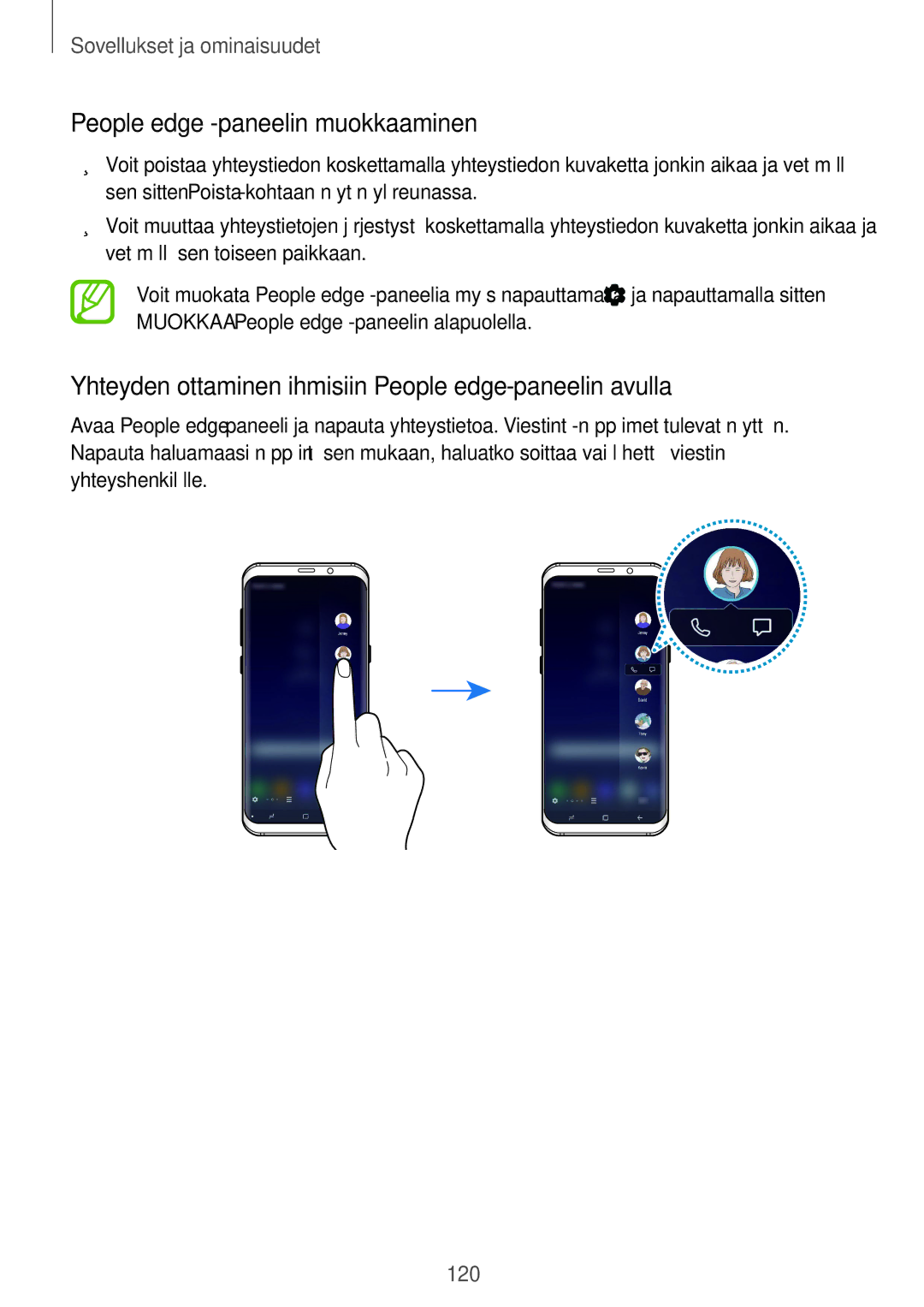 Samsung SM-G955FZIANEE manual People edge -paneelin muokkaaminen, Yhteyden ottaminen ihmisiin People edge ‑paneelin avulla 