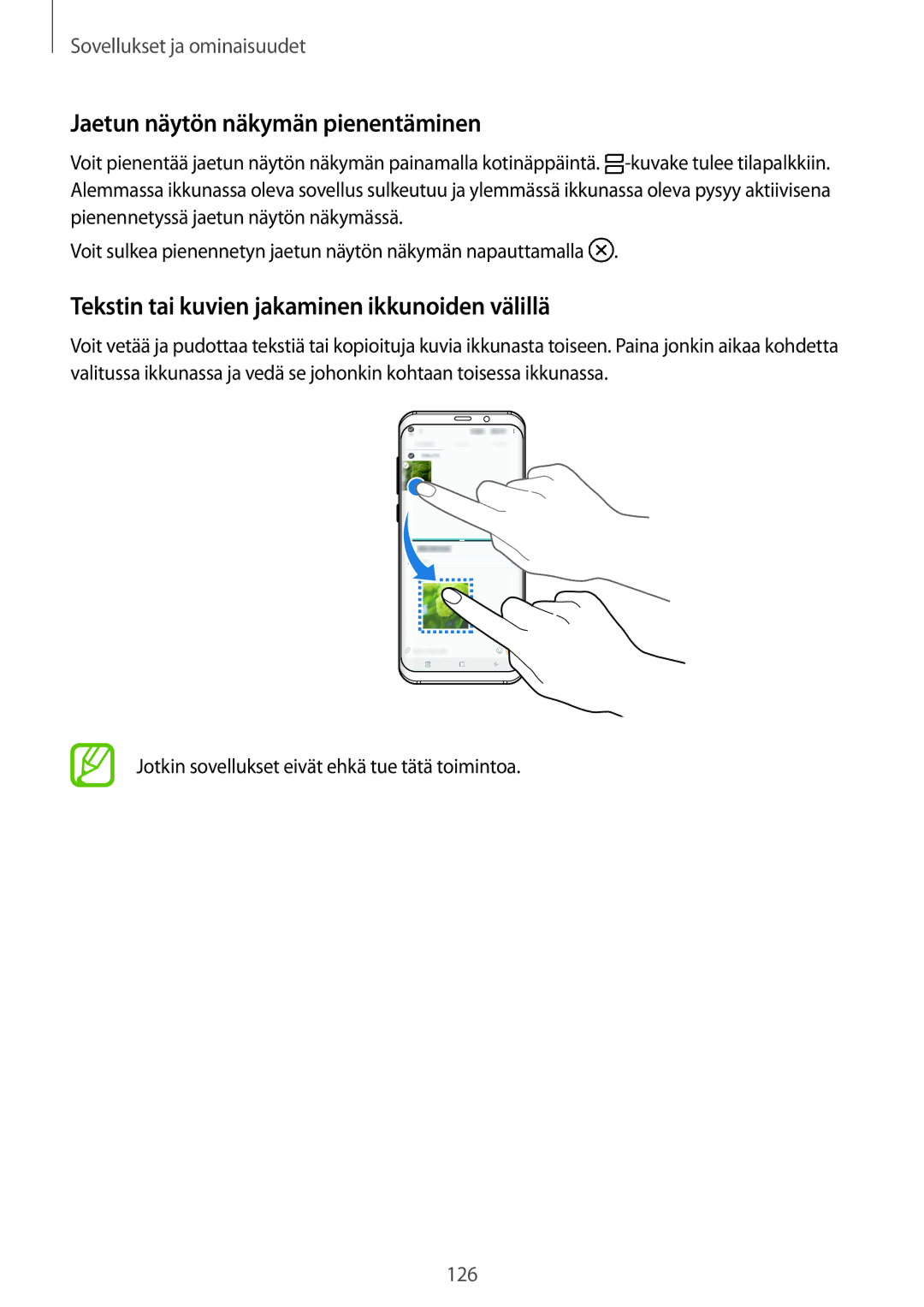 Samsung SM-G950FZKANEE manual Jaetun näytön näkymän pienentäminen, Tekstin tai kuvien jakaminen ikkunoiden välillä 