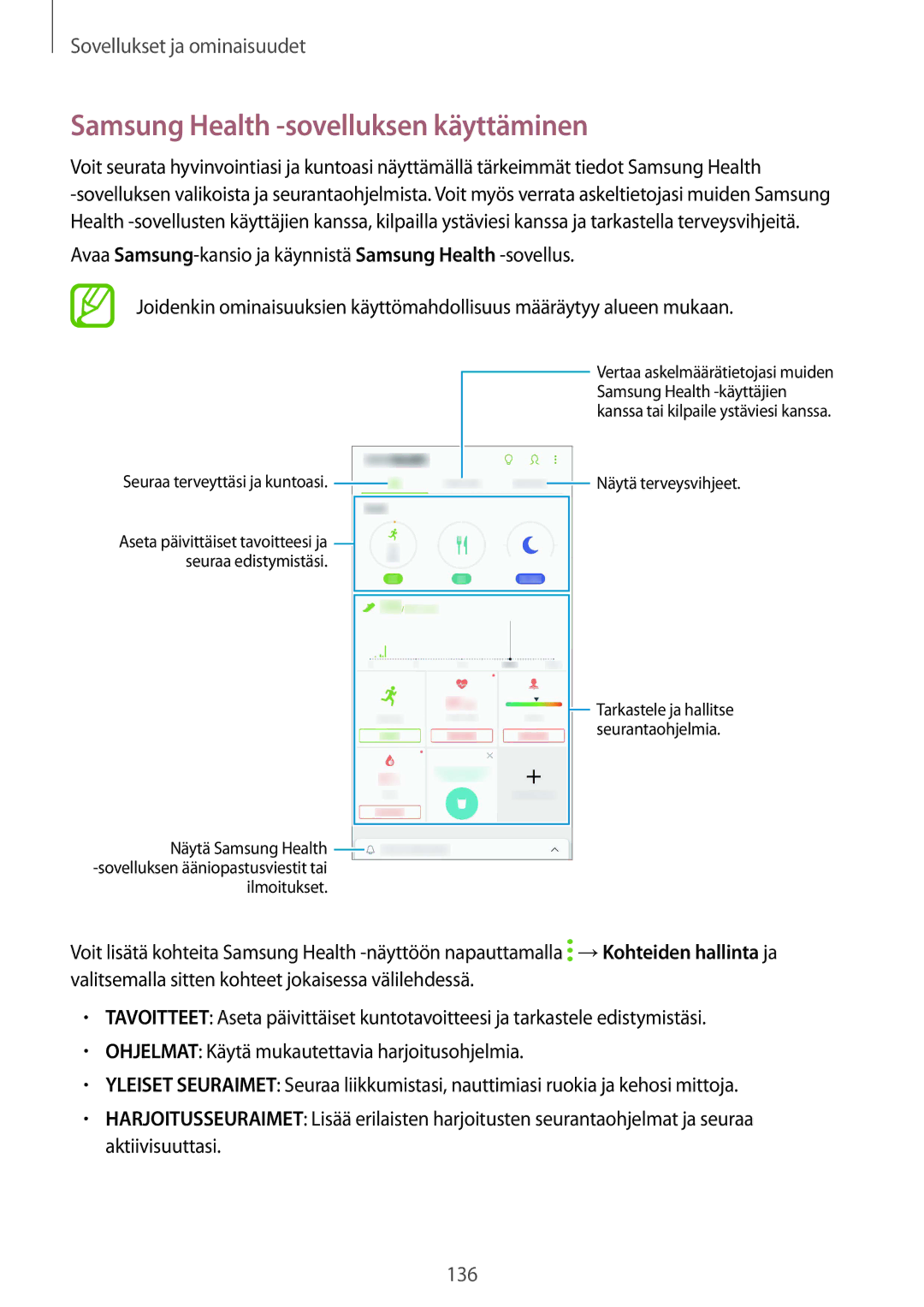 Samsung SM-G955FZIANEE, SM-G955FZKANEE manual Samsung Health -sovelluksen käyttäminen, Seuraa terveyttäsi ja kuntoasi 