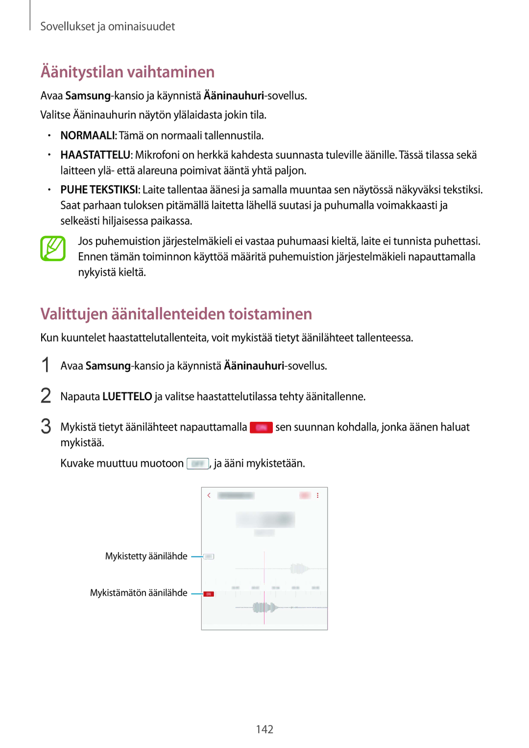 Samsung SM-G950FZKANEE, SM-G955FZIANEE, SM-G955FZKANEE Äänitystilan vaihtaminen, Valittujen äänitallenteiden toistaminen 