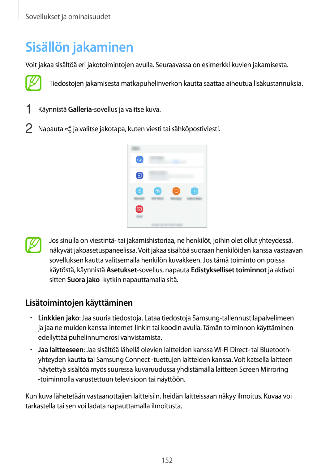 Samsung SM-G955FZIANEE, SM-G955FZKANEE, SM-G955FZSANEE, SM-G950FZVANEE manual Sisällön jakaminen, Lisätoimintojen käyttäminen 