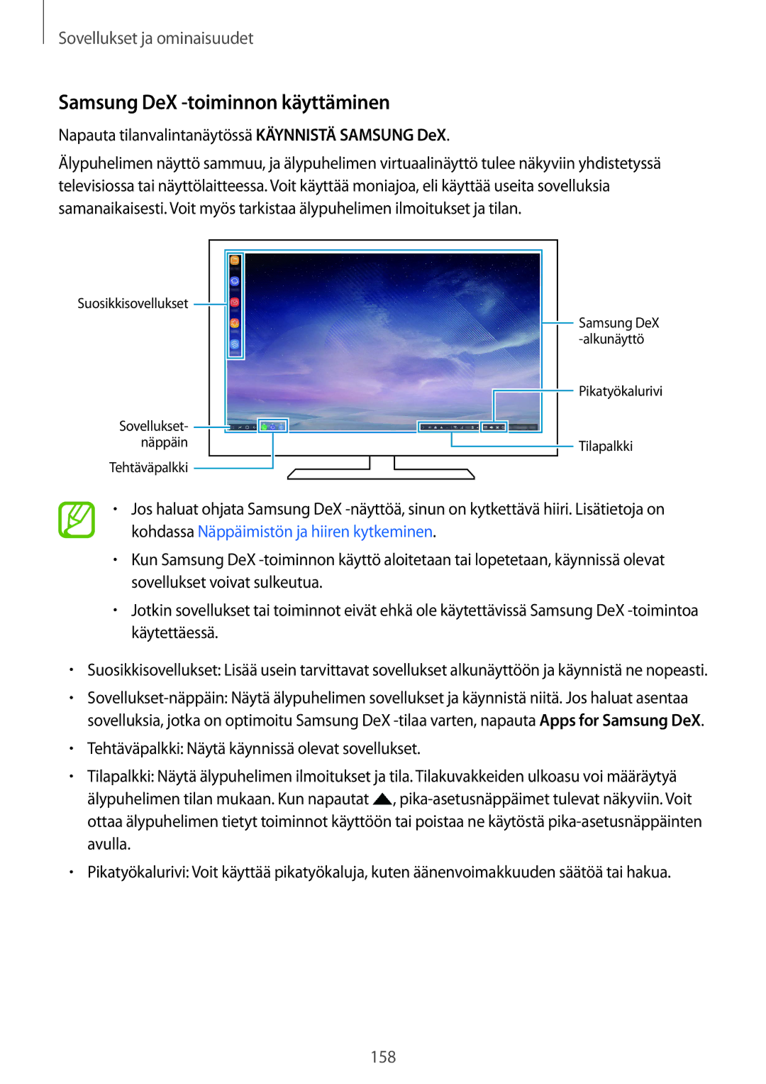 Samsung SM-G950FZKANEE manual Samsung DeX -toiminnon käyttäminen, Napauta tilanvalintanäytössä Käynnistä Samsung DeX 