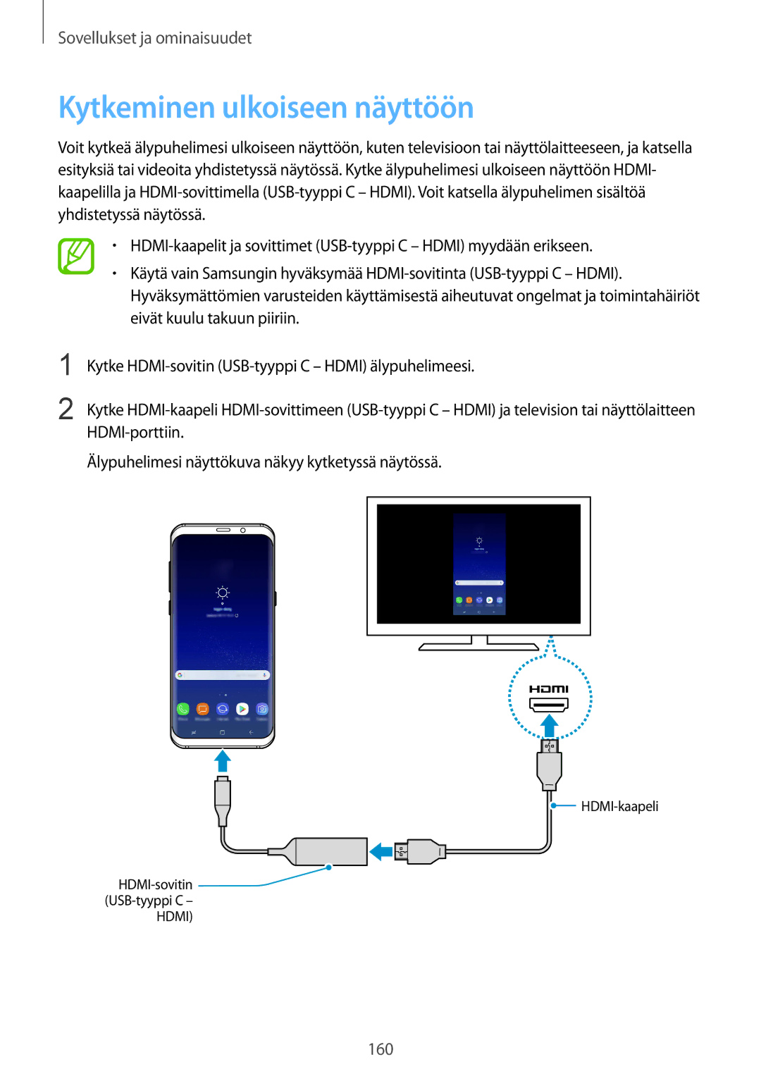 Samsung SM-G955FZIANEE, SM-G955FZKANEE, SM-G955FZSANEE, SM-G950FZVANEE, SM-G950FZIANEE manual Kytkeminen ulkoiseen näyttöön 