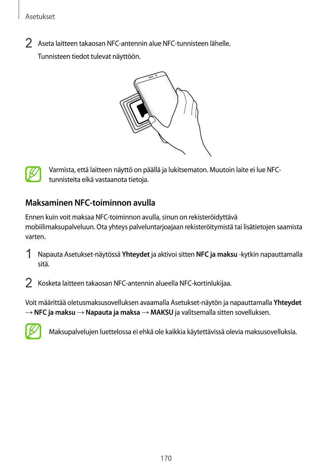 Samsung SM-G955FZSANEE, SM-G955FZIANEE, SM-G955FZKANEE, SM-G950FZVANEE, SM-G950FZIANEE manual Maksaminen NFC-toiminnon avulla 