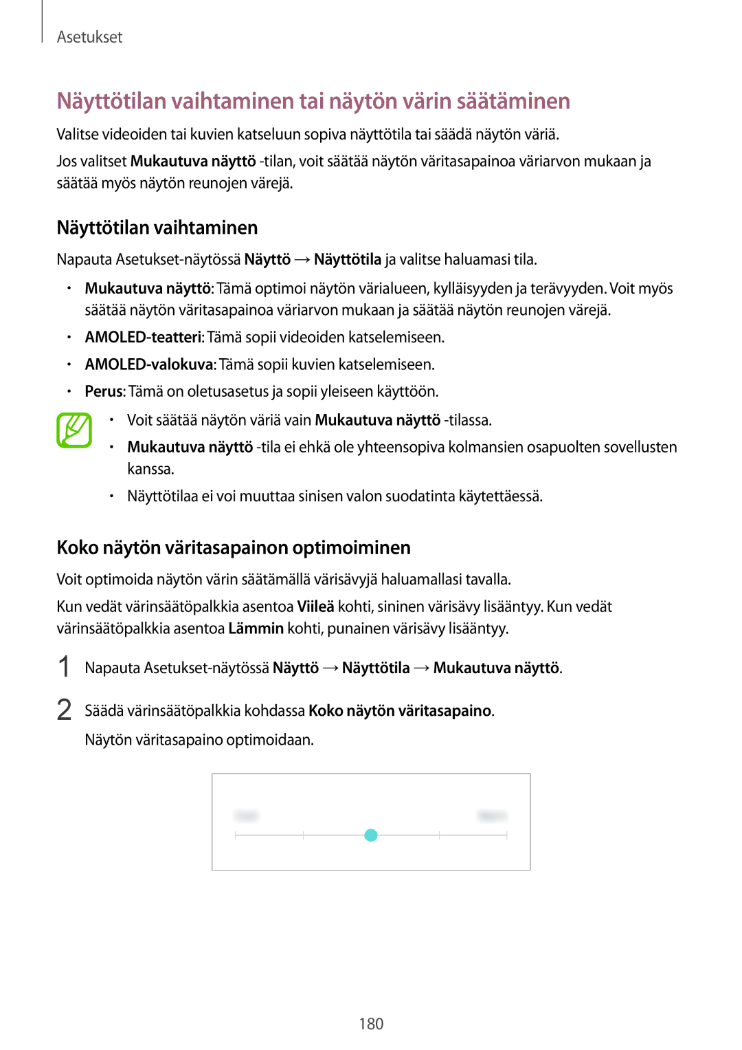 Samsung SM-G950FZIANEE manual Näyttötilan vaihtaminen tai näytön värin säätäminen, Koko näytön väritasapainon optimoiminen 