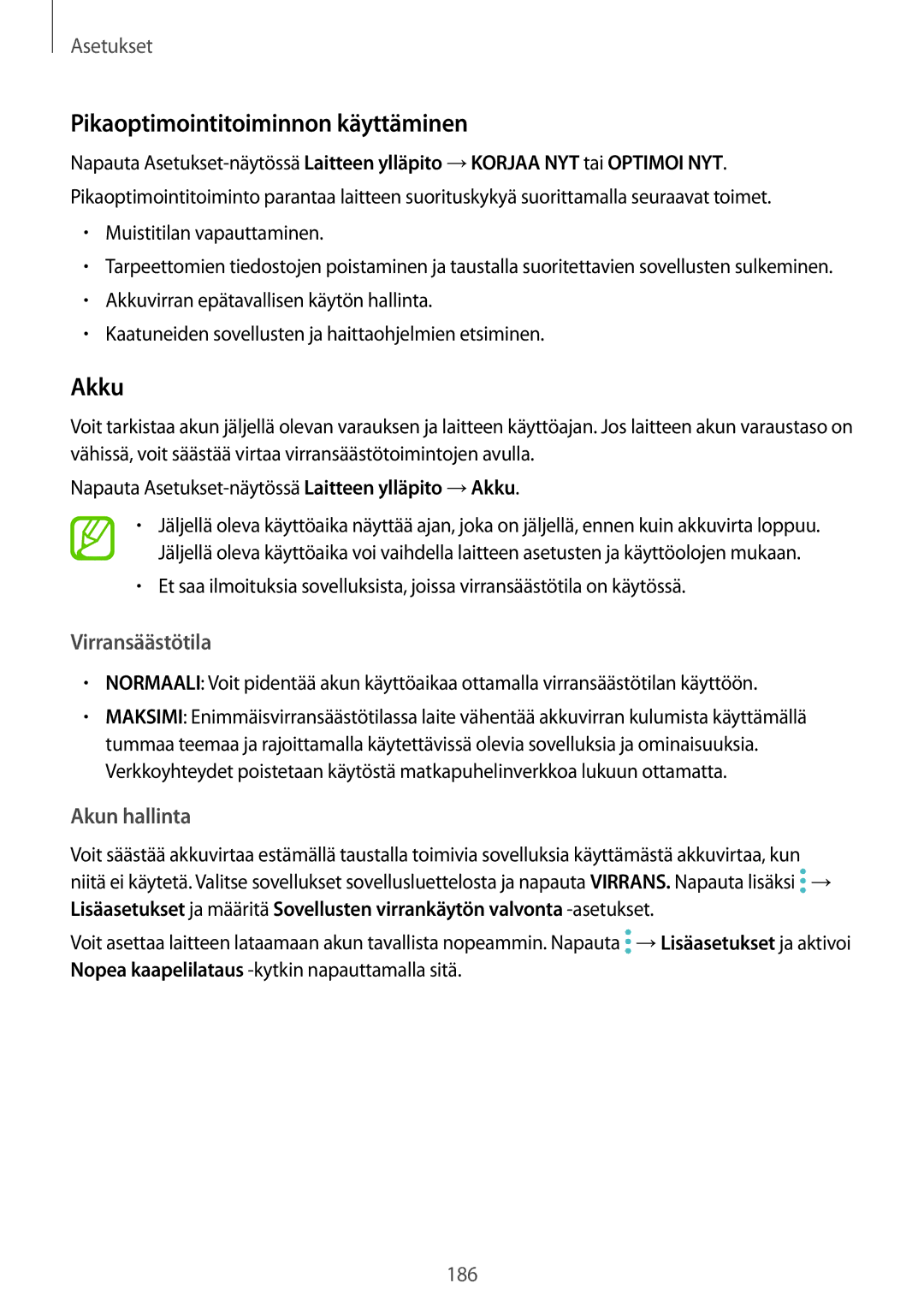 Samsung SM-G955FZSANEE, SM-G955FZIANEE manual Pikaoptimointitoiminnon käyttäminen, Akku, Virransäästötila, Akun hallinta 