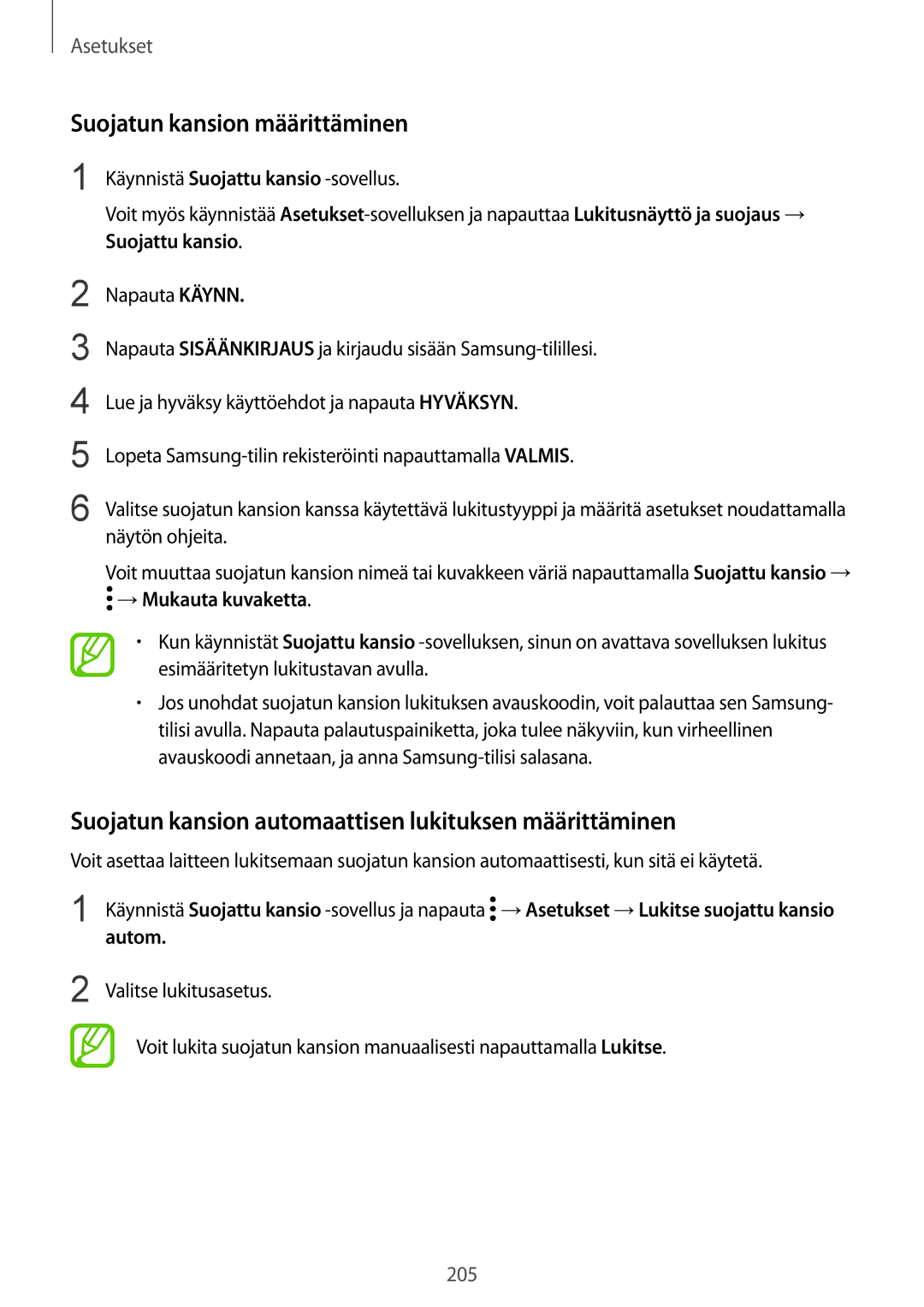 Samsung SM-G955FZVANEE manual Suojatun kansion määrittäminen, Suojatun kansion automaattisen lukituksen määrittäminen 