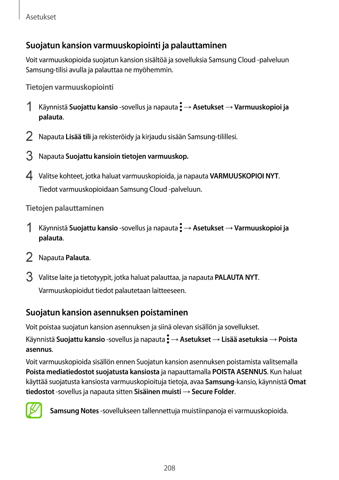 Samsung SM-G955FZIANEE manual Suojatun kansion varmuuskopiointi ja palauttaminen, Suojatun kansion asennuksen poistaminen 