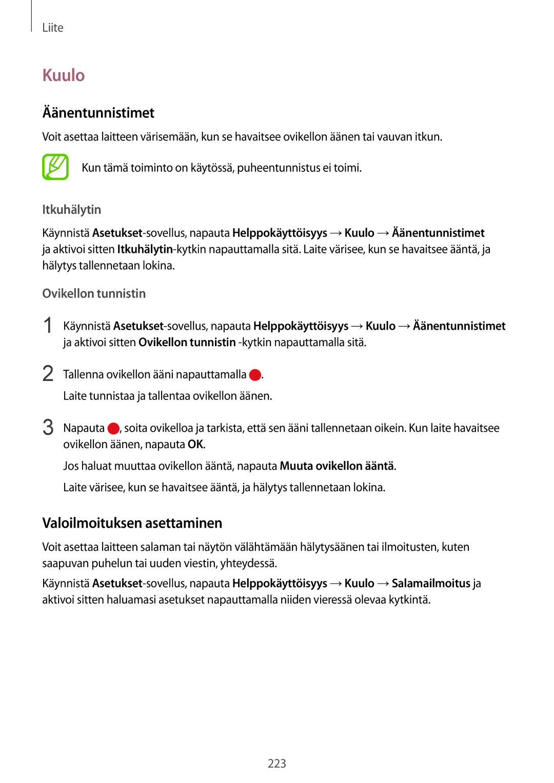 Samsung SM-G950FZSANEE manual Kuulo, Äänentunnistimet, Valoilmoituksen asettaminen, Itkuhälytin, Ovikellon tunnistin 