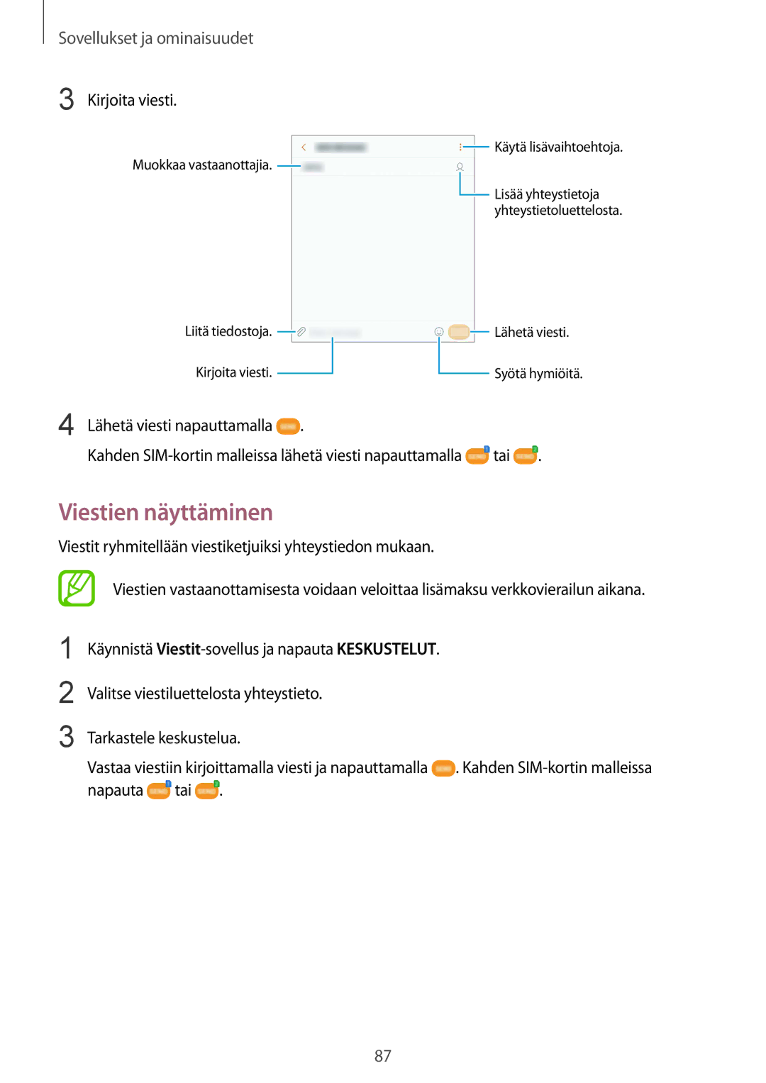 Samsung SM-G950FZSANEE, SM-G955FZIANEE, SM-G955FZKANEE, SM-G955FZSANEE manual Viestien näyttäminen, Kirjoita viesti, Tai 