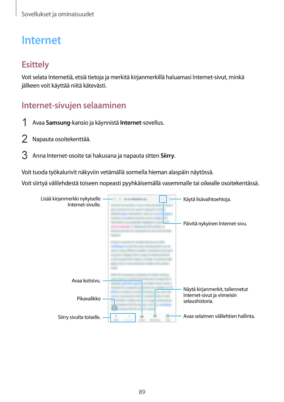 Samsung SM-G955FZKANEE, SM-G955FZIANEE, SM-G955FZSANEE, SM-G950FZVANEE, SM-G950FZIANEE manual Internet-sivujen selaaminen 