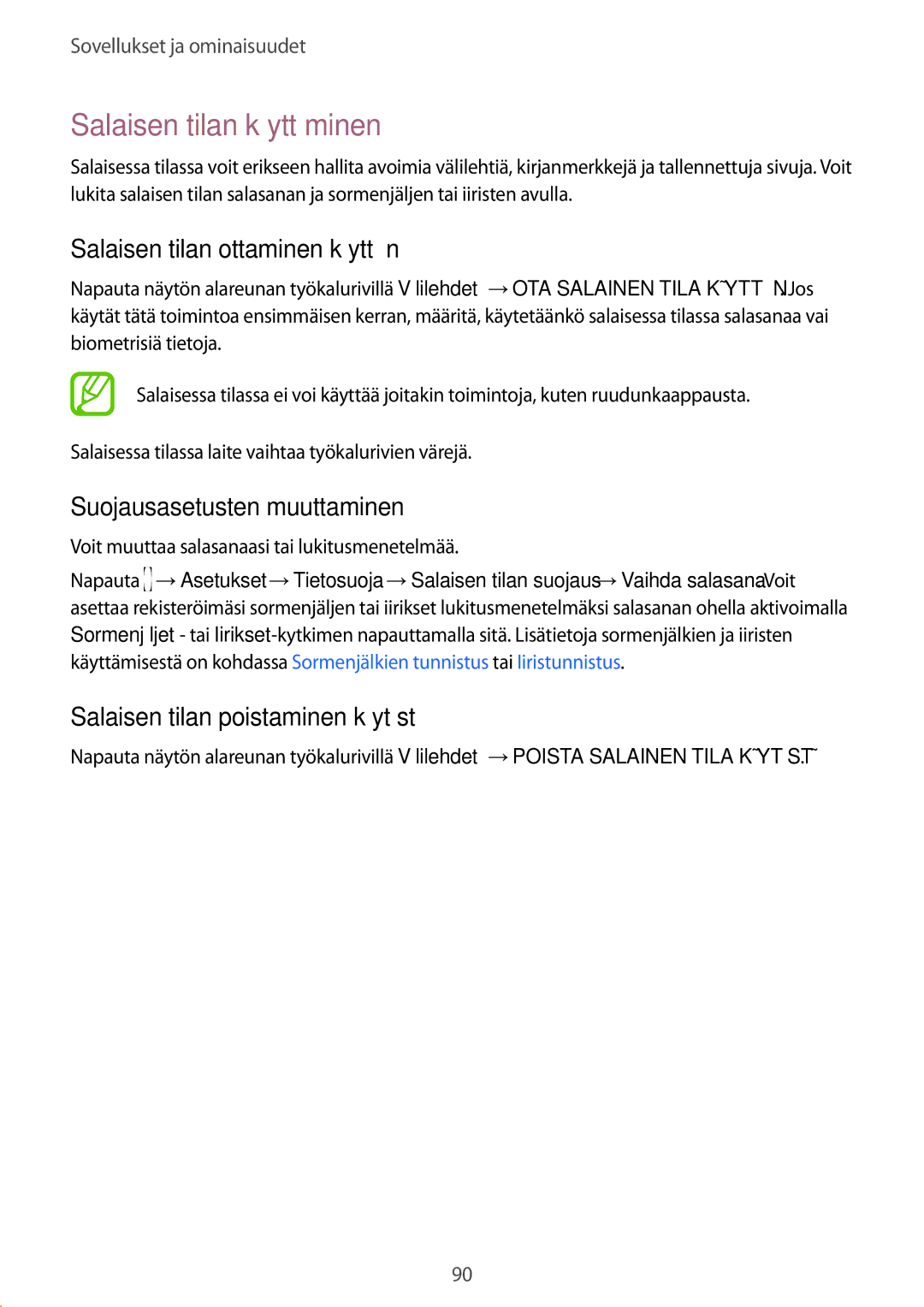 Samsung SM-G955FZSANEE manual Salaisen tilan käyttäminen, Salaisen tilan ottaminen käyttöön, Suojausasetusten muuttaminen 