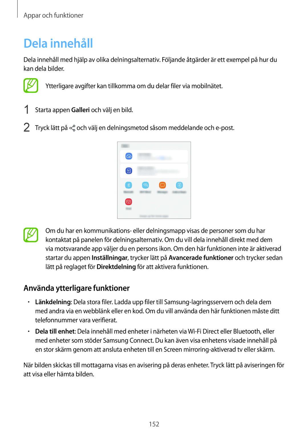 Samsung SM-G955FZIANEE, SM-G955FZKANEE, SM-G955FZSANEE, SM-G950FZVANEE manual Dela innehåll, Använda ytterligare funktioner 