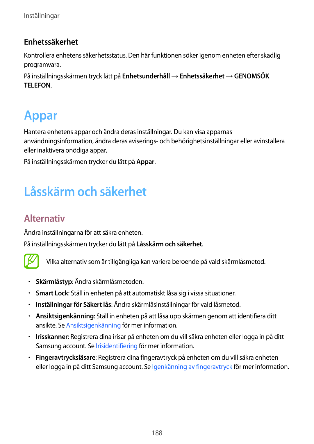 Samsung SM-G950FZIANEE, SM-G955FZIANEE, SM-G955FZKANEE, SM-G955FZSANEE manual Appar, Låsskärm och säkerhet, Enhetssäkerhet 