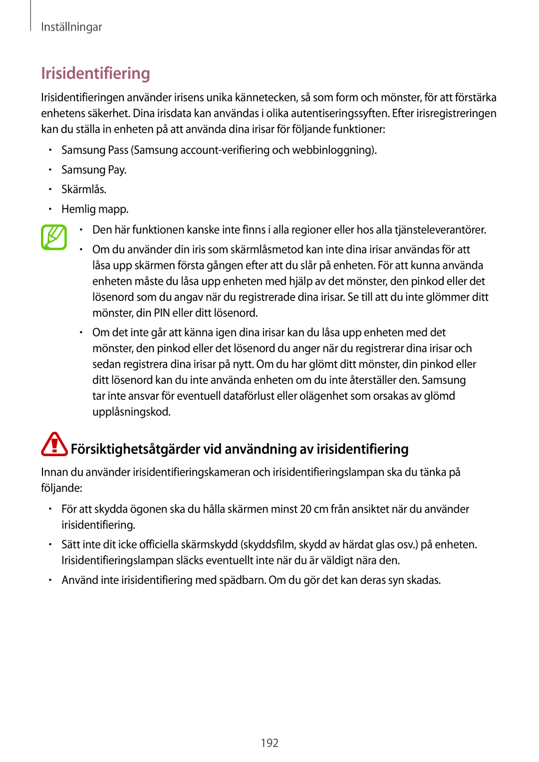 Samsung SM-G955FZIANEE, SM-G955FZKANEE manual Irisidentifiering, Försiktighetsåtgärder vid användning av irisidentifiering 