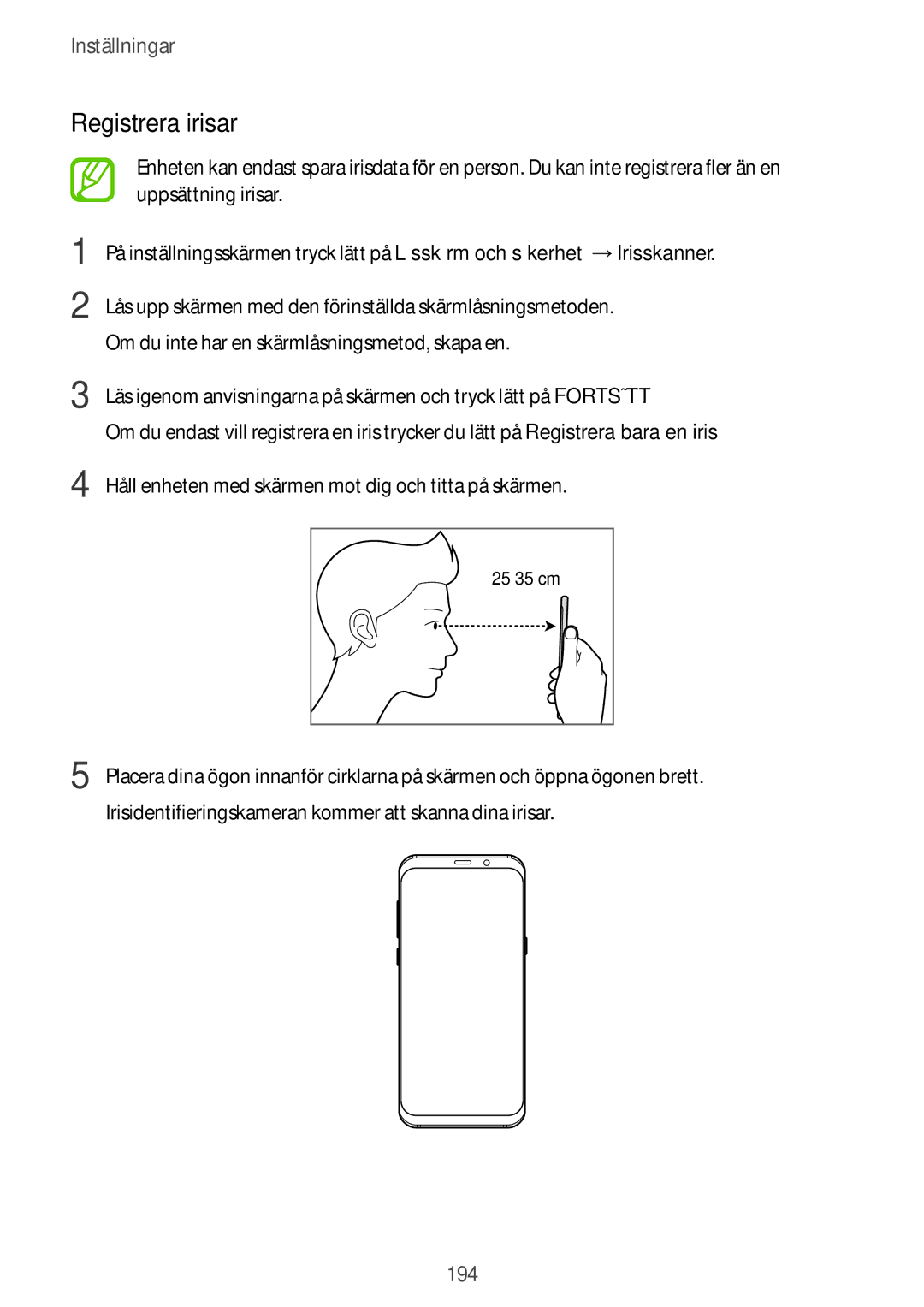 Samsung SM-G955FZSANEE, SM-G955FZIANEE, SM-G955FZKANEE, SM-G950FZVANEE, SM-G950FZIANEE, SM-G955FZVANEE manual Registrera irisar 