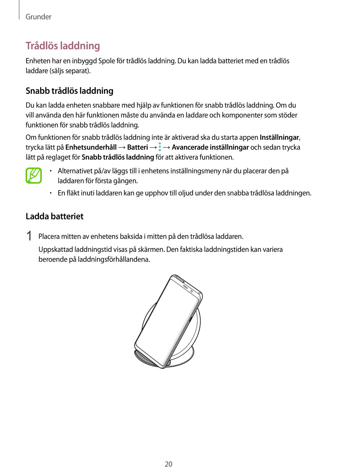 Samsung SM-G950FZIANEE, SM-G955FZIANEE, SM-G955FZKANEE manual Trådlös laddning, Snabb trådlös laddning, Ladda batteriet 