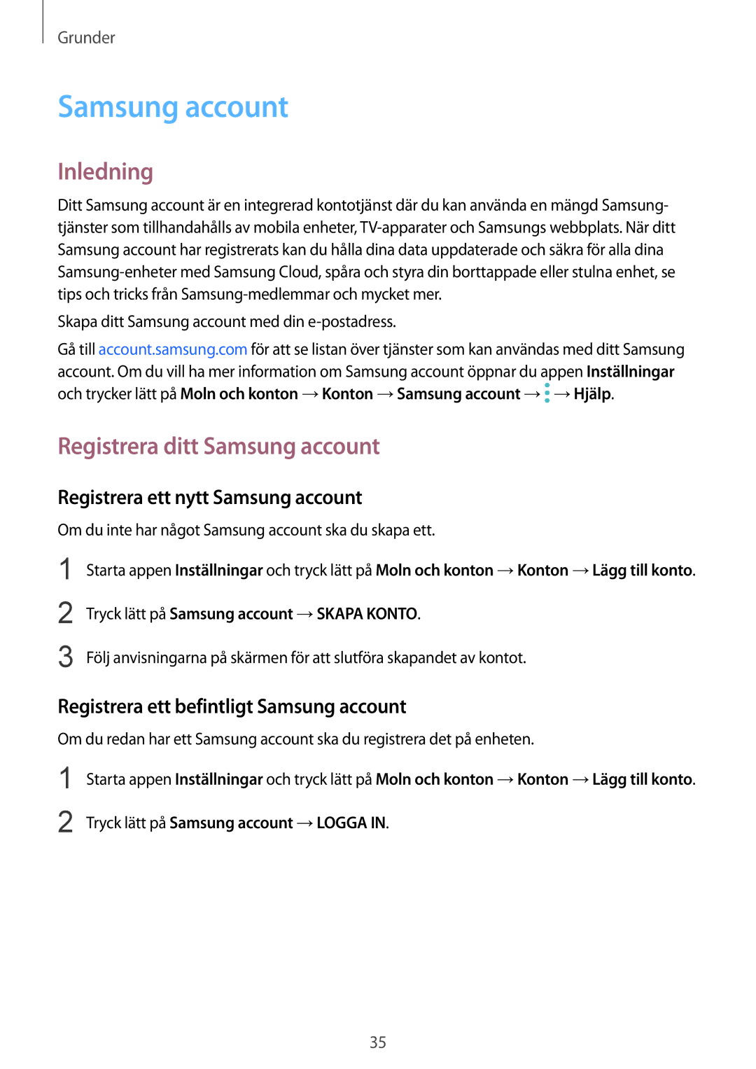 Samsung SM-G950FZVANEE, SM-G955FZIANEE Inledning, Registrera ditt Samsung account, Registrera ett nytt Samsung account 