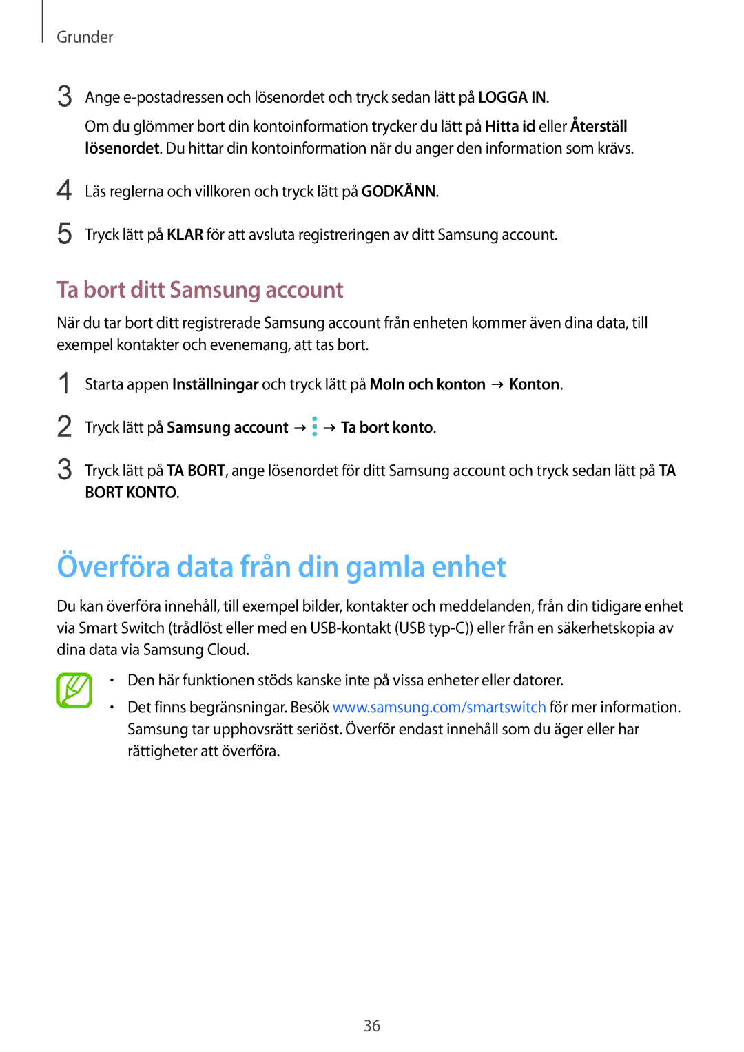 Samsung SM-G950FZIANEE, SM-G955FZIANEE, SM-G955FZKANEE Överföra data från din gamla enhet, Ta bort ditt Samsung account 