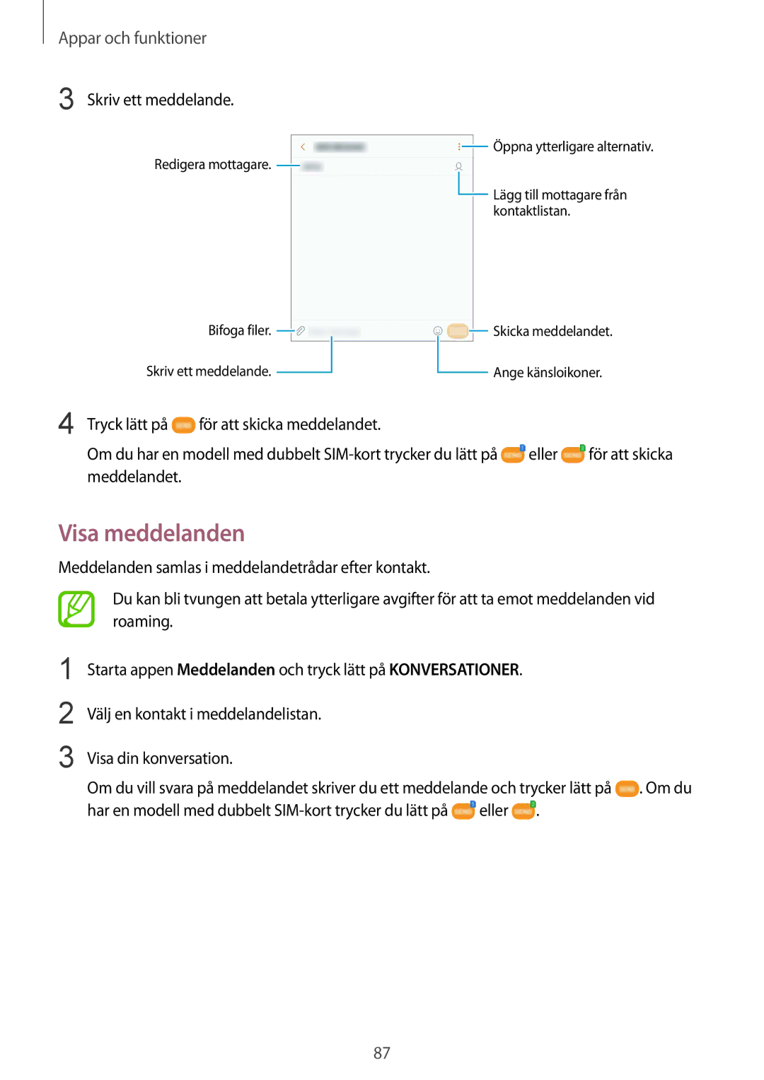 Samsung SM-G950FZSANEE, SM-G955FZIANEE, SM-G955FZKANEE, SM-G955FZSANEE, SM-G950FZVANEE, SM-G950FZIANEE manual Visa meddelanden 