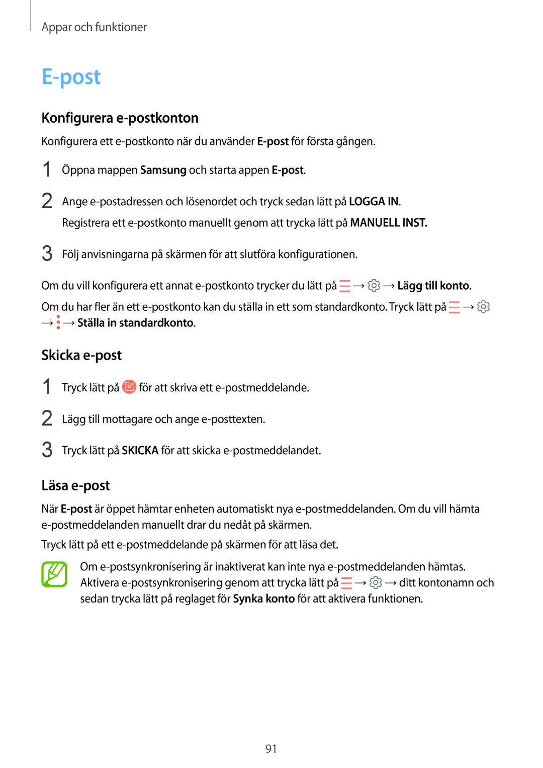 Samsung SM-G950FZVANEE manual Post, Konfigurera e-postkonton, Skicka e-post, Läsa e-post, → →Ställa in standardkonto 