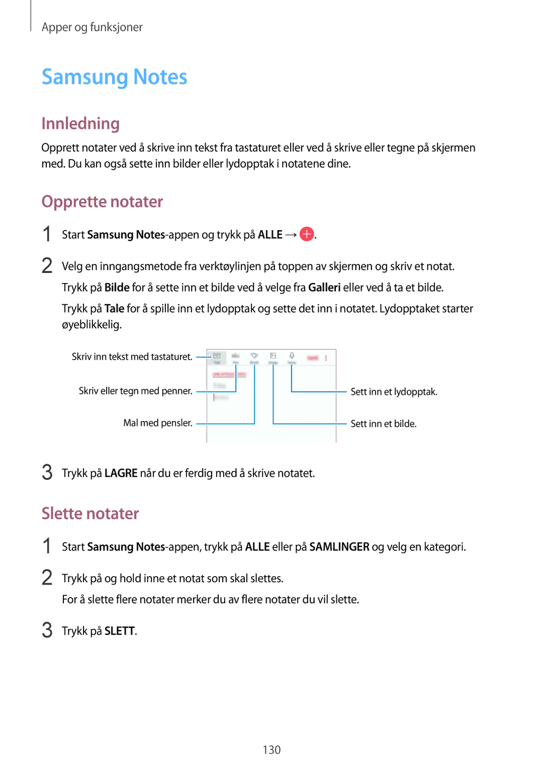 Samsung SM-G955FZIANEE, SM-G955FZKANEE Opprette notater, Slette notater, Start Samsung Notes-appen og trykk på Alle → 