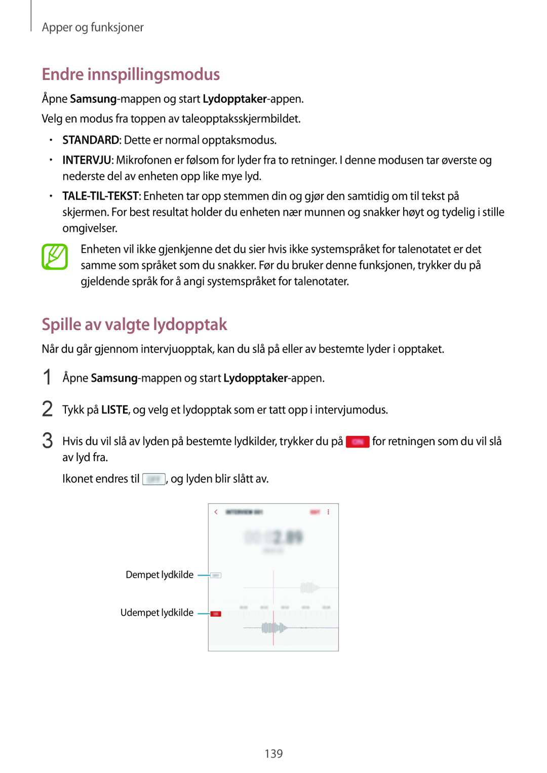 Samsung SM-G955FZKDNEE, SM-G955FZIANEE, SM-G955FZKANEE, SM-G955FZSANEE Endre innspillingsmodus, Spille av valgte lydopptak 