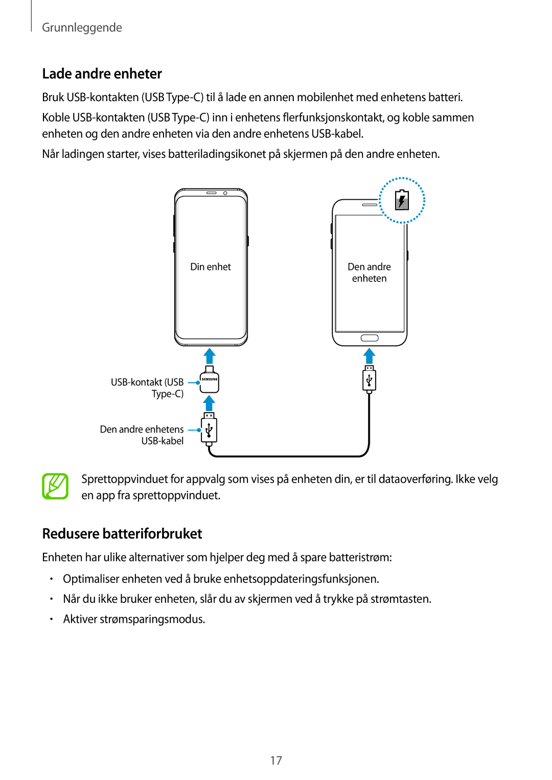 Samsung SM-G950FZKANEE, SM-G955FZIANEE, SM-G955FZKANEE, SM-G955FZSANEE manual Lade andre enheter, Redusere batteriforbruket 