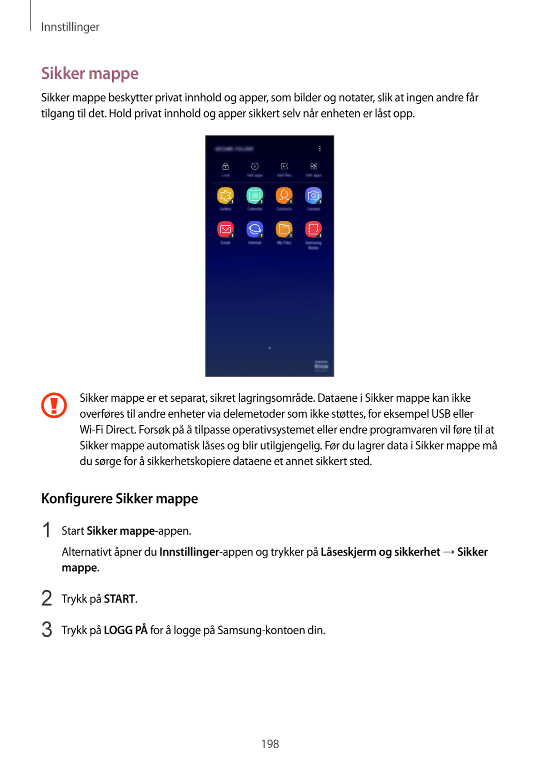 Samsung SM-G955FZIANEE, SM-G955FZKANEE, SM-G955FZSANEE, SM-G955FZVDNEE, SM-G950FZVANEE manual Konfigurere Sikker mappe 