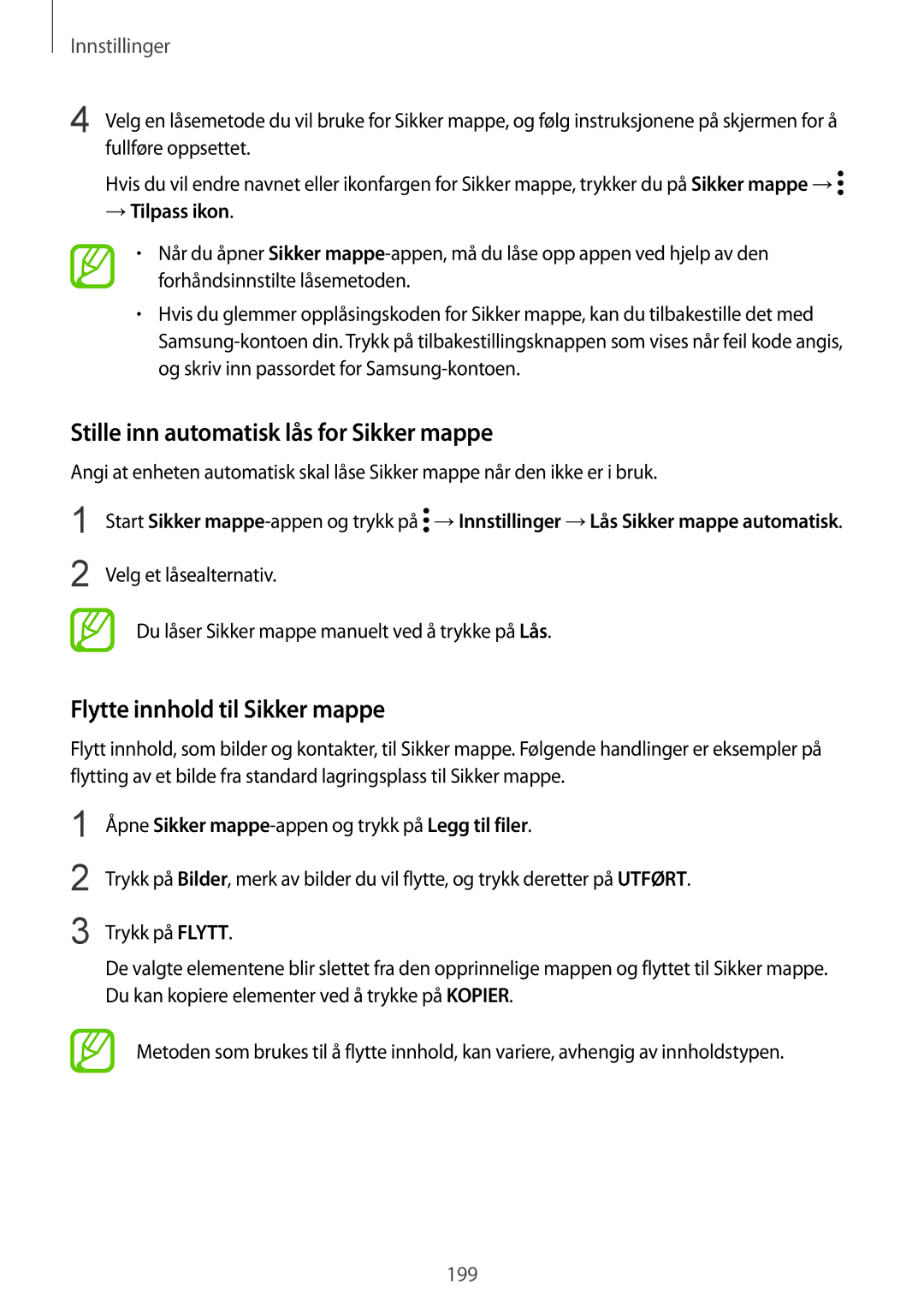 Samsung SM-G955FZKANEE manual Stille inn automatisk lås for Sikker mappe, Flytte innhold til Sikker mappe, → Tilpass ikon 