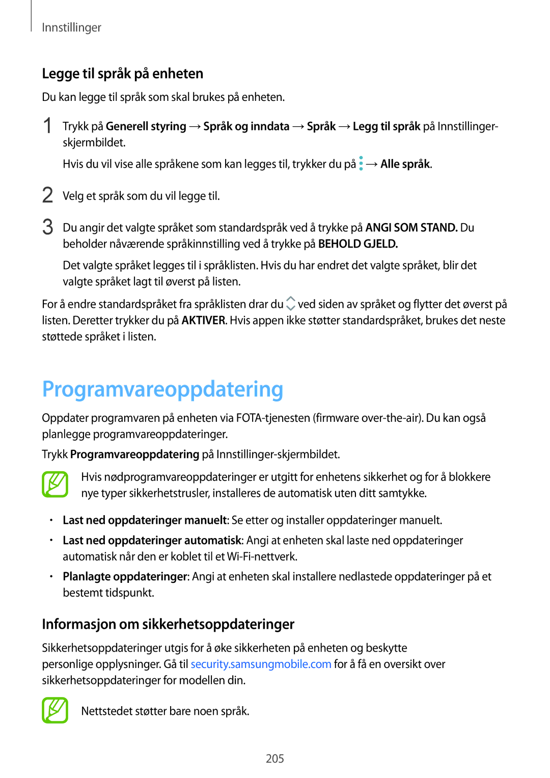 Samsung SM-G950FZKANEE manual Programvareoppdatering, Legge til språk på enheten, Informasjon om sikkerhetsoppdateringer 