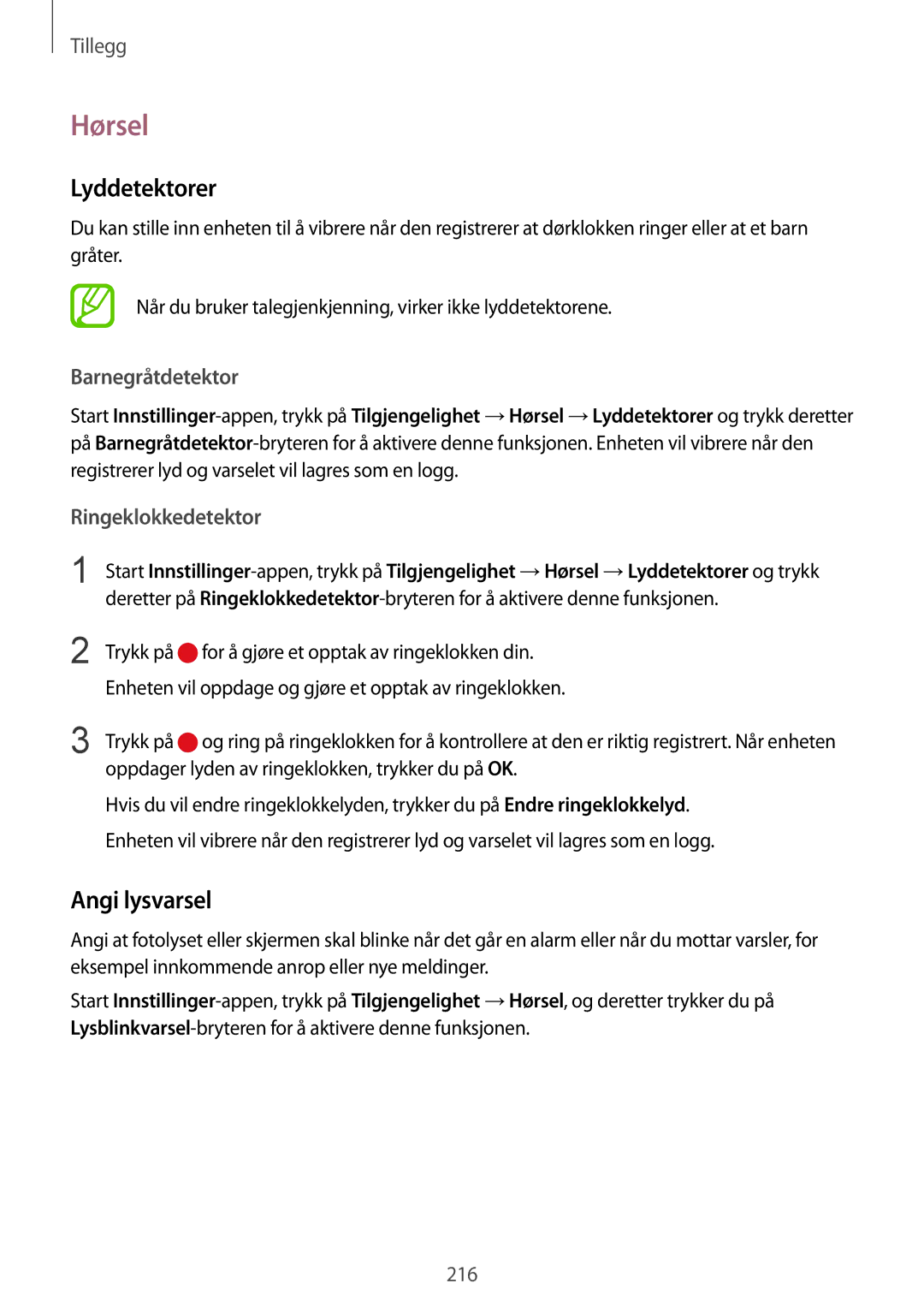 Samsung SM-G950FZSANEE, SM-G955FZIANEE manual Hørsel, Lyddetektorer, Angi lysvarsel, Barnegråtdetektor, Ringeklokkedetektor 