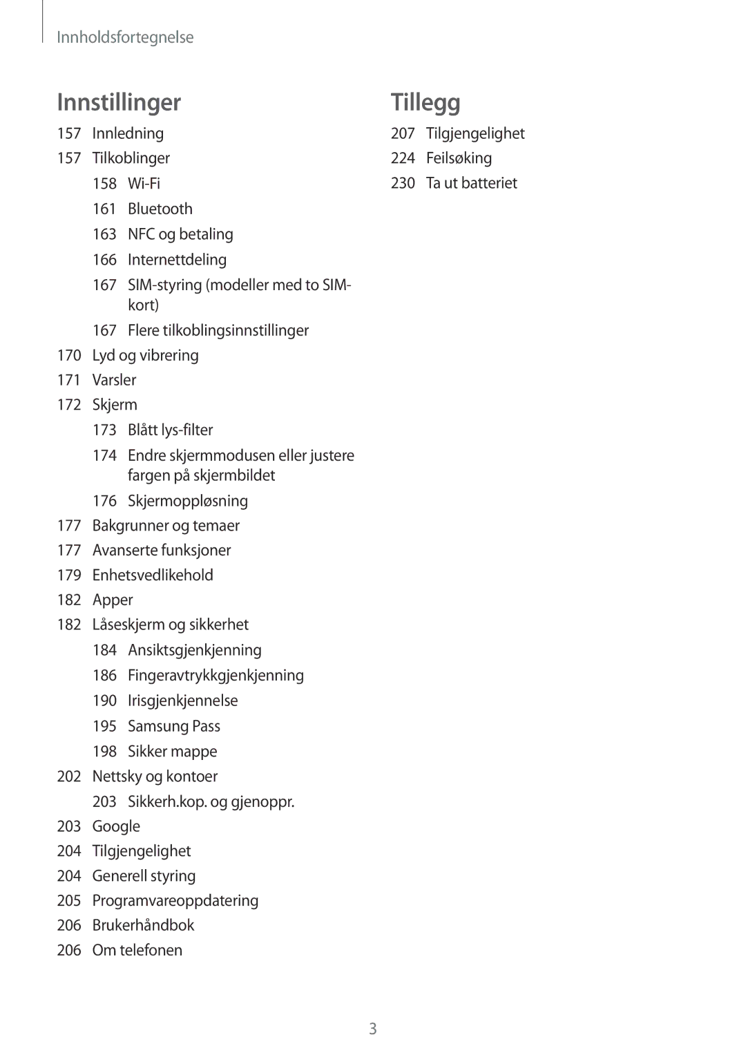 Samsung SM-G955FZVDNEE, SM-G955FZIANEE, SM-G955FZKANEE manual Innledning 207, Tilkoblinger 224 Feilsøking 158 Wi-Fi 230 