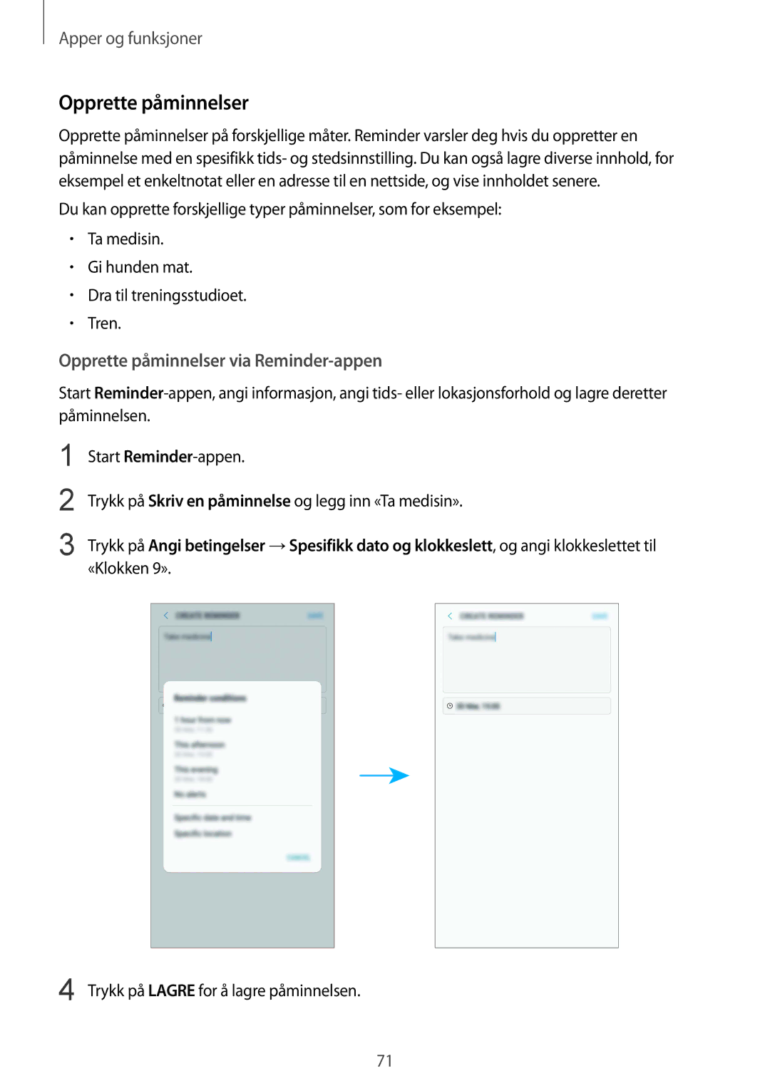 Samsung SM-G955FZKANEE, SM-G955FZIANEE Opprette påminnelser via Reminder-appen, Trykk på Lagre for å lagre påminnelsen 