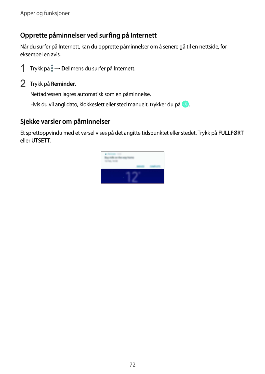 Samsung SM-G955FZSANEE, SM-G955FZIANEE manual Opprette påminnelser ved surfing på Internett, Sjekke varsler om påminnelser 