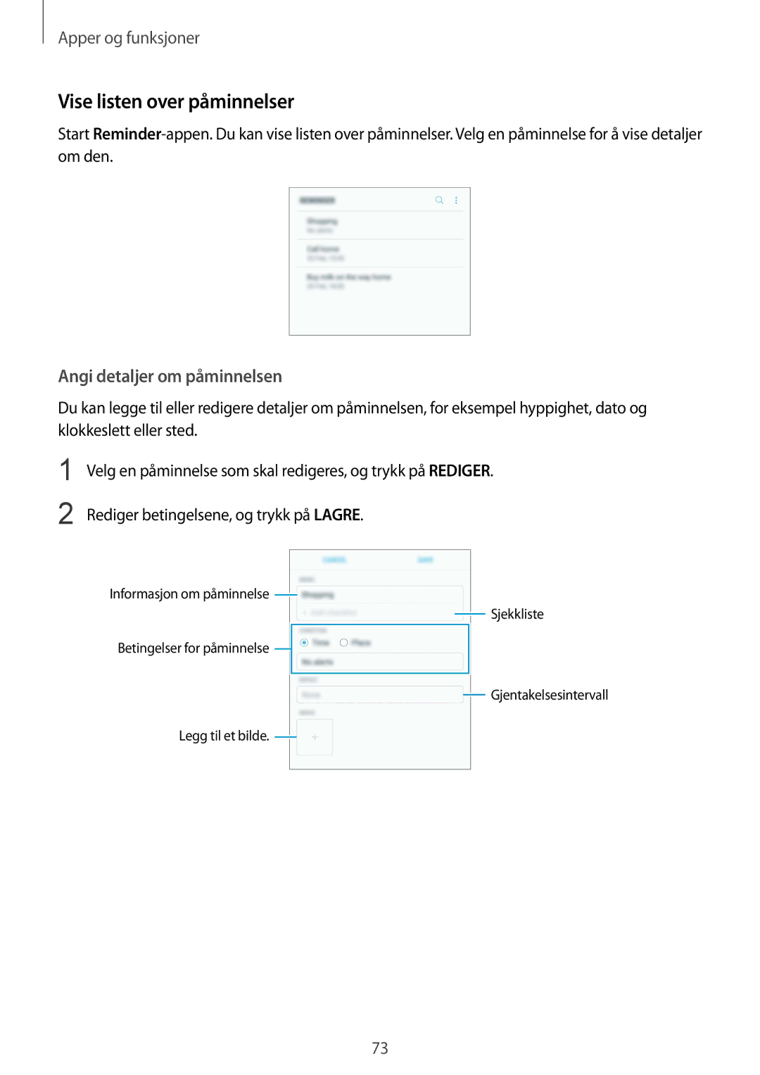 Samsung SM-G955FZVDNEE, SM-G955FZIANEE, SM-G955FZKANEE manual Vise listen over påminnelser, Angi detaljer om påminnelsen 