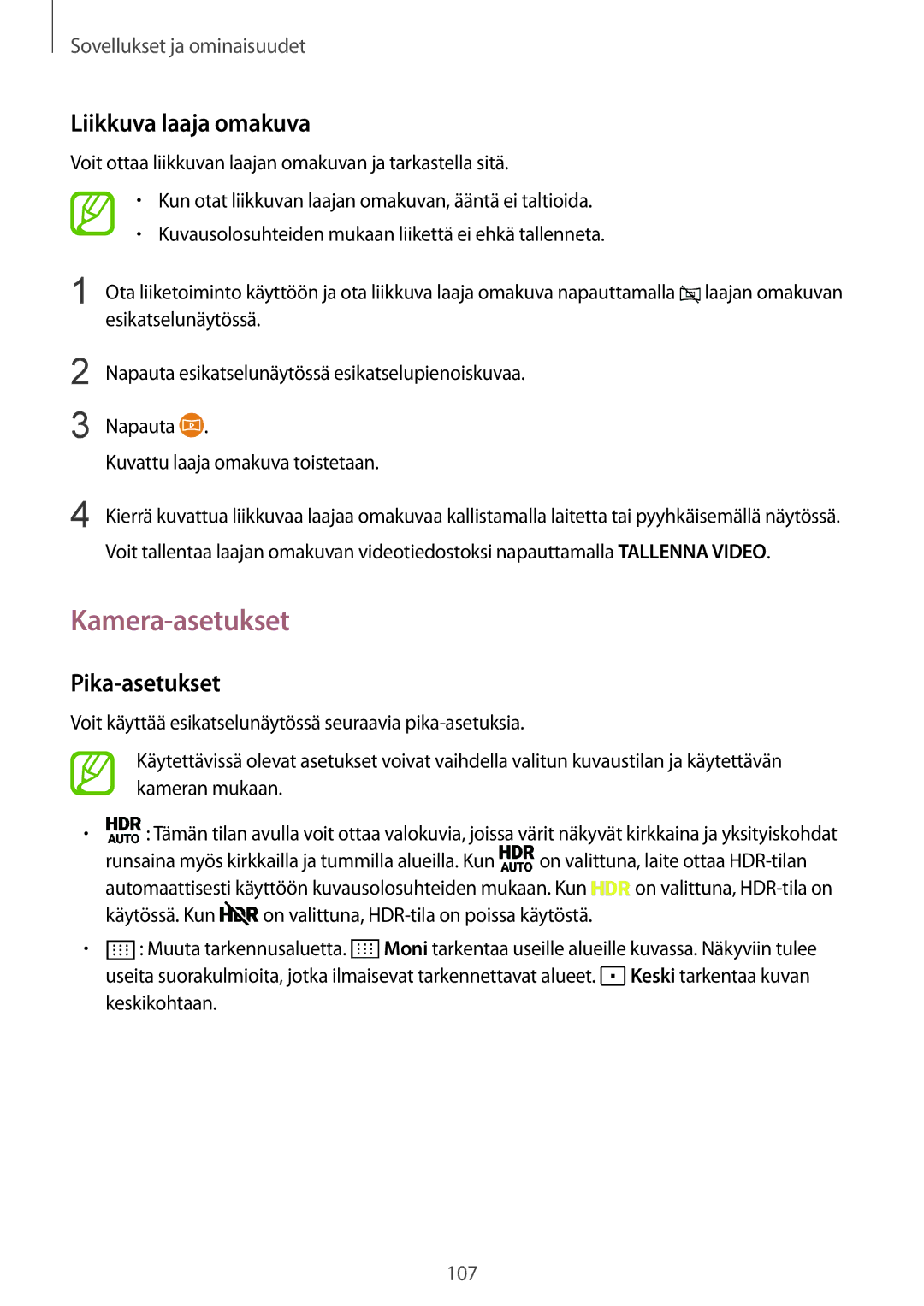 Samsung SM-G950FZKANEE, SM-G955FZIANEE, SM-G955FZKANEE manual Kamera-asetukset, Liikkuva laaja omakuva, Pika-asetukset 