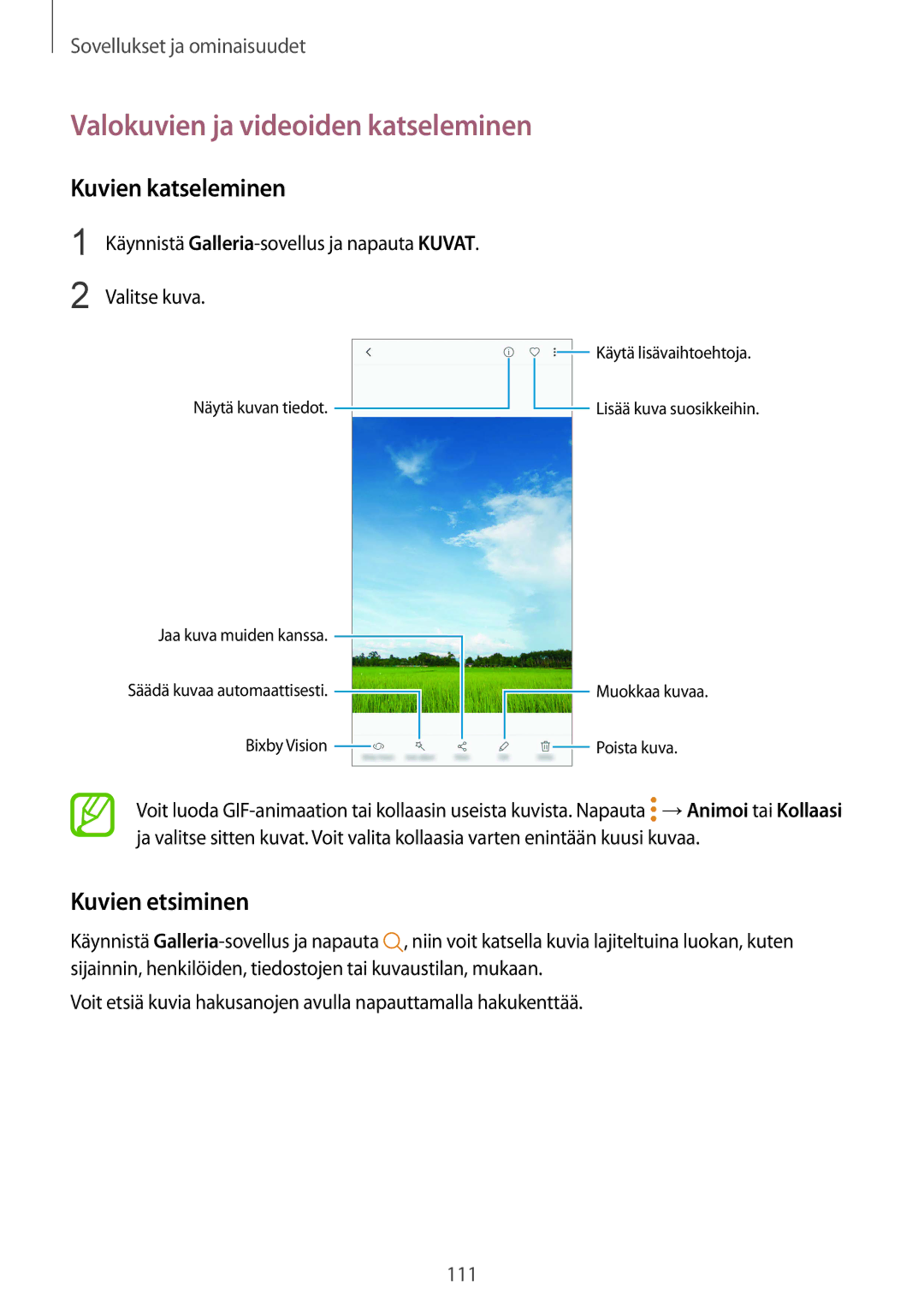 Samsung SM-G955FZKANEE manual Valokuvien ja videoiden katseleminen, Kuvien katseleminen, Kuvien etsiminen, Valitse kuva 