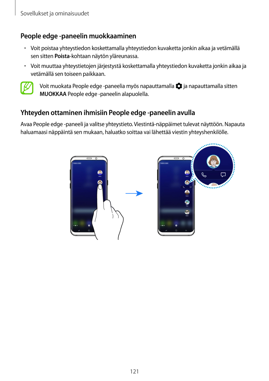 Samsung SM-G955FZKANEE manual People edge -paneelin muokkaaminen, Yhteyden ottaminen ihmisiin People edge ‑paneelin avulla 